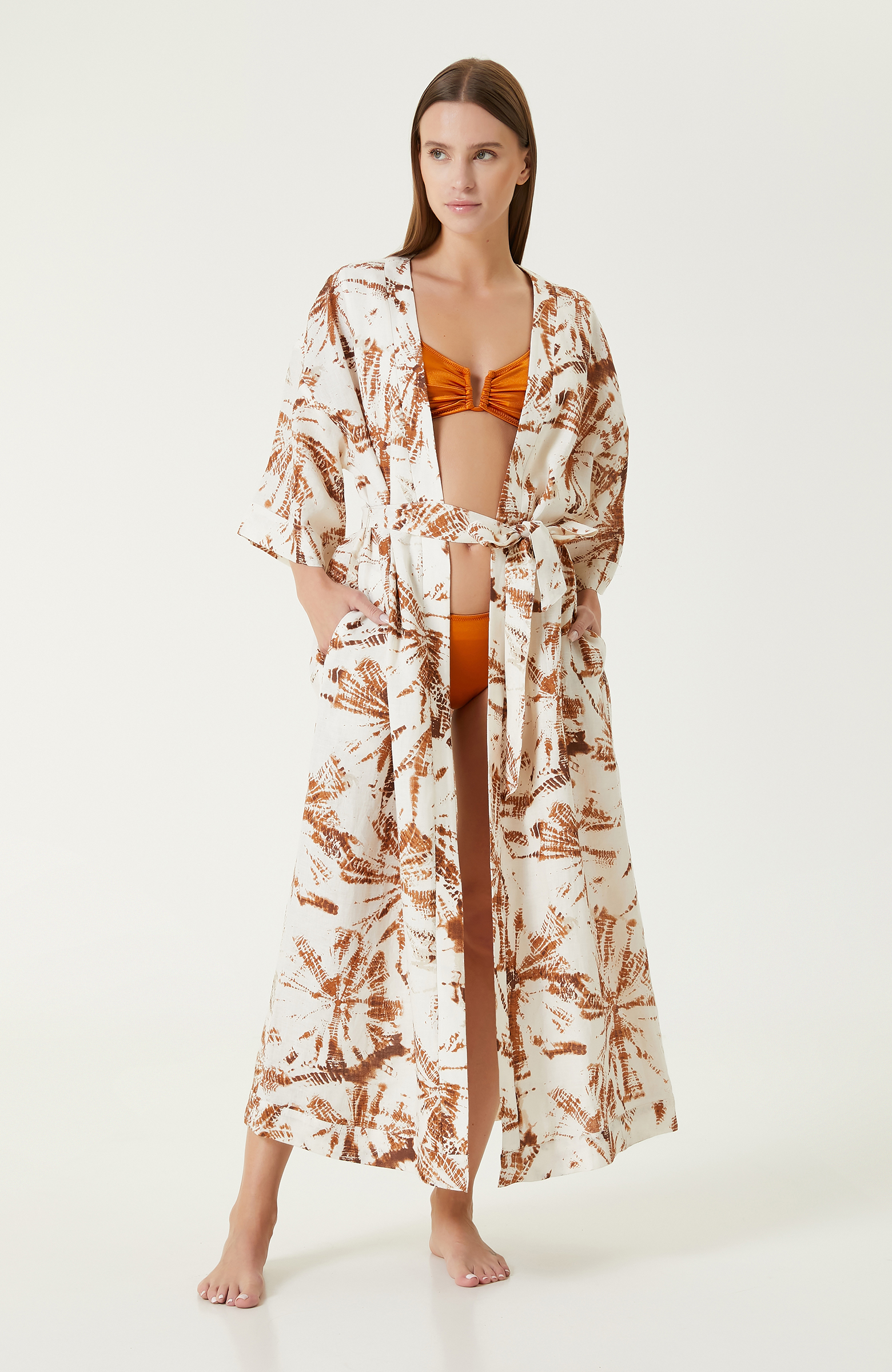 Ekru Kiremit Desenli Keten Kaftan