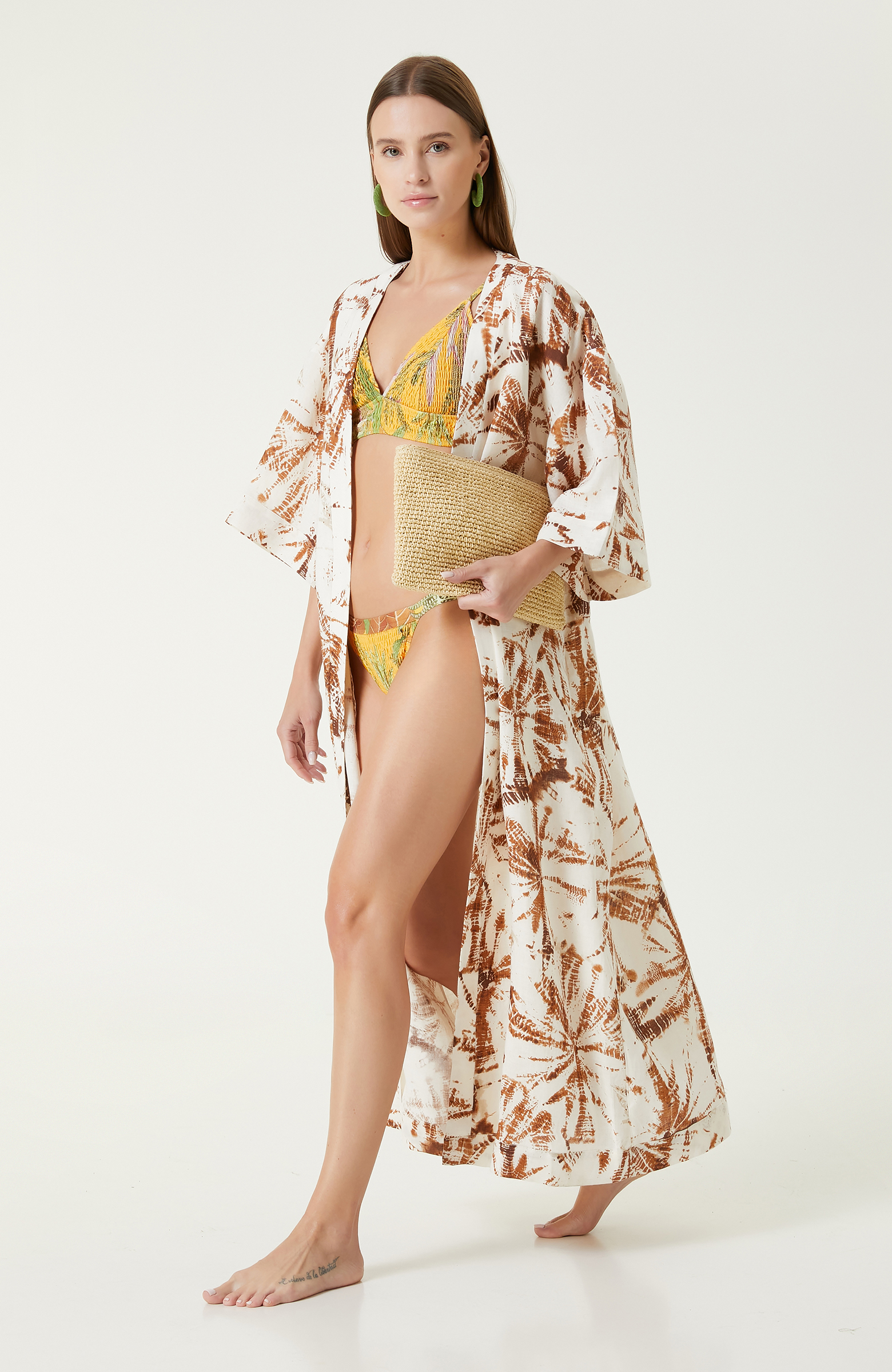 Ekru Kiremit Desenli Keten Kaftan