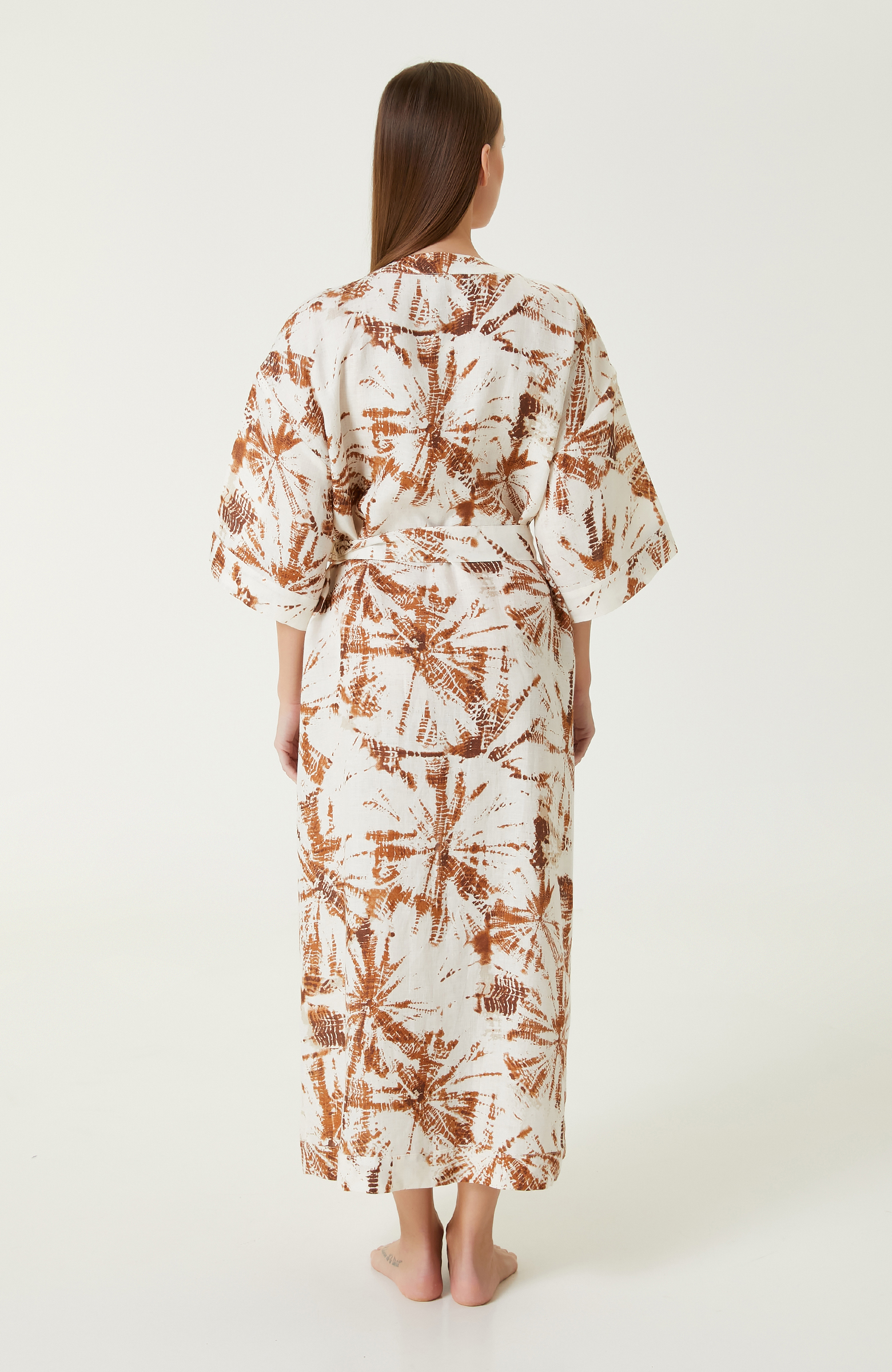Ekru Kiremit Desenli Keten Kaftan