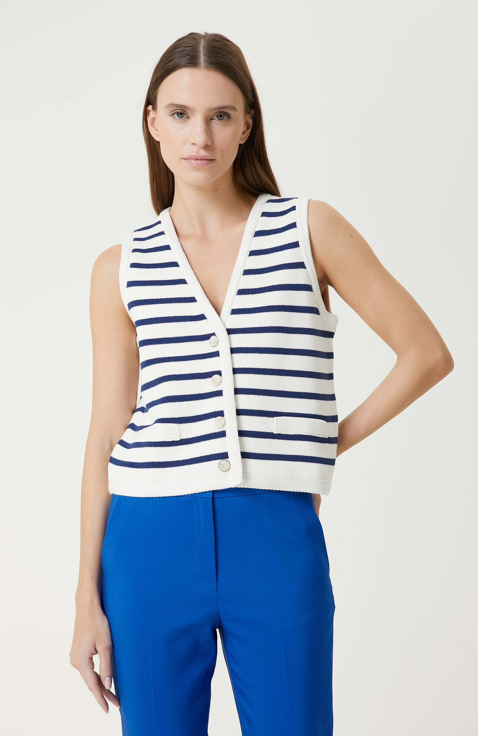 Ekru Indigo Mavi Triko Yelek