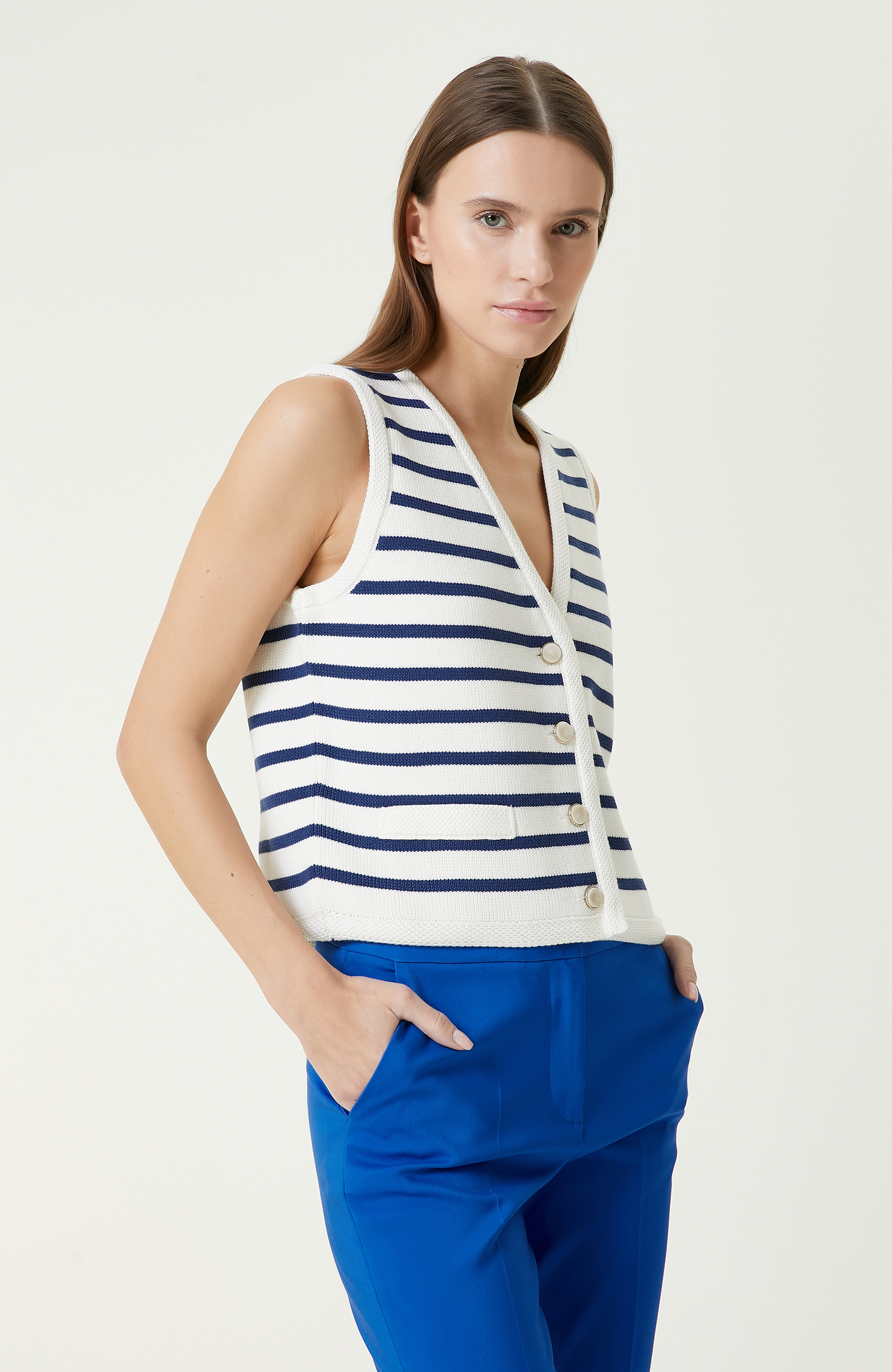 Ekru Indigo Mavi Triko Yelek