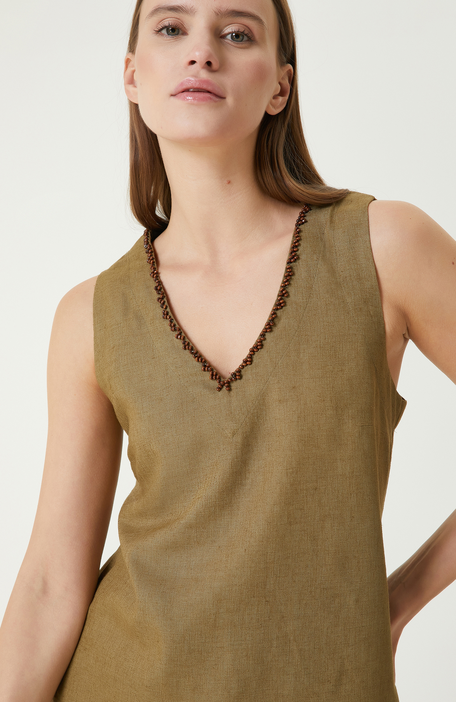 Haki Kadın Keten Mix Bluz