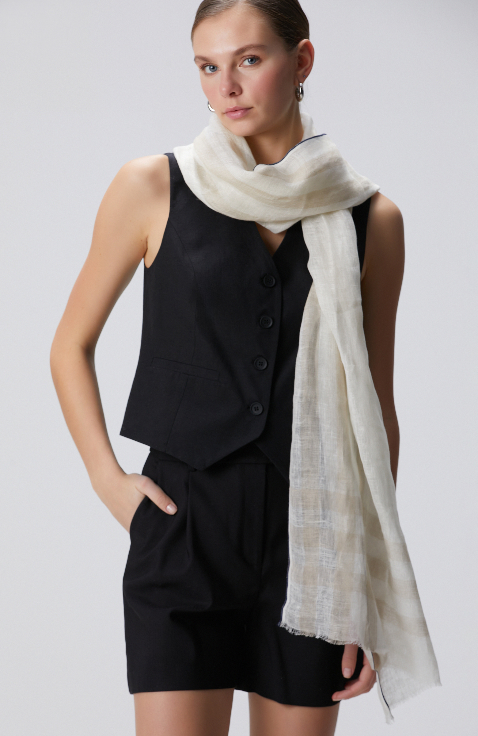 Bej Desenli Kadın Keten Şal