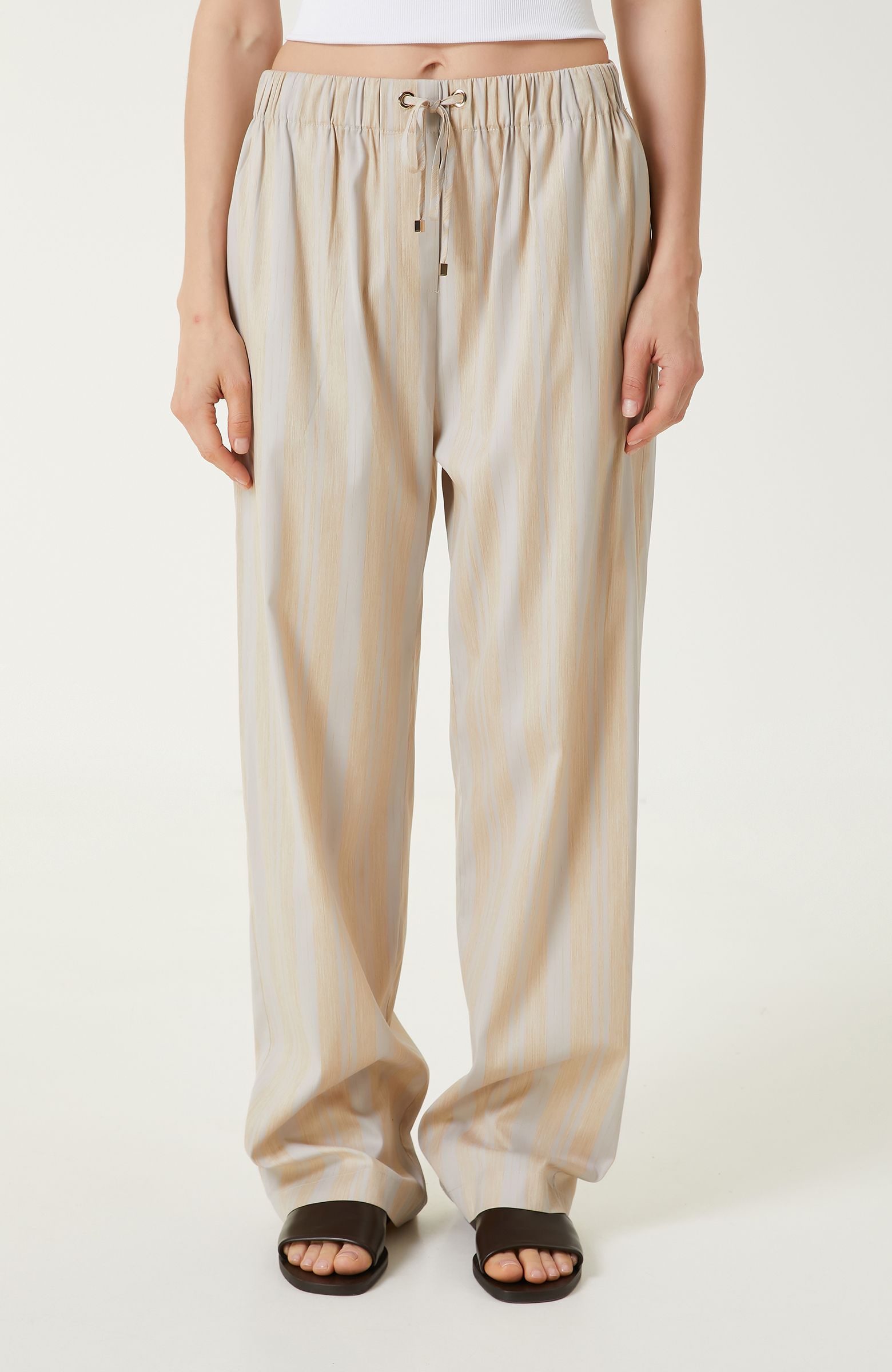 Ekru Bej Çizgili Pantolon