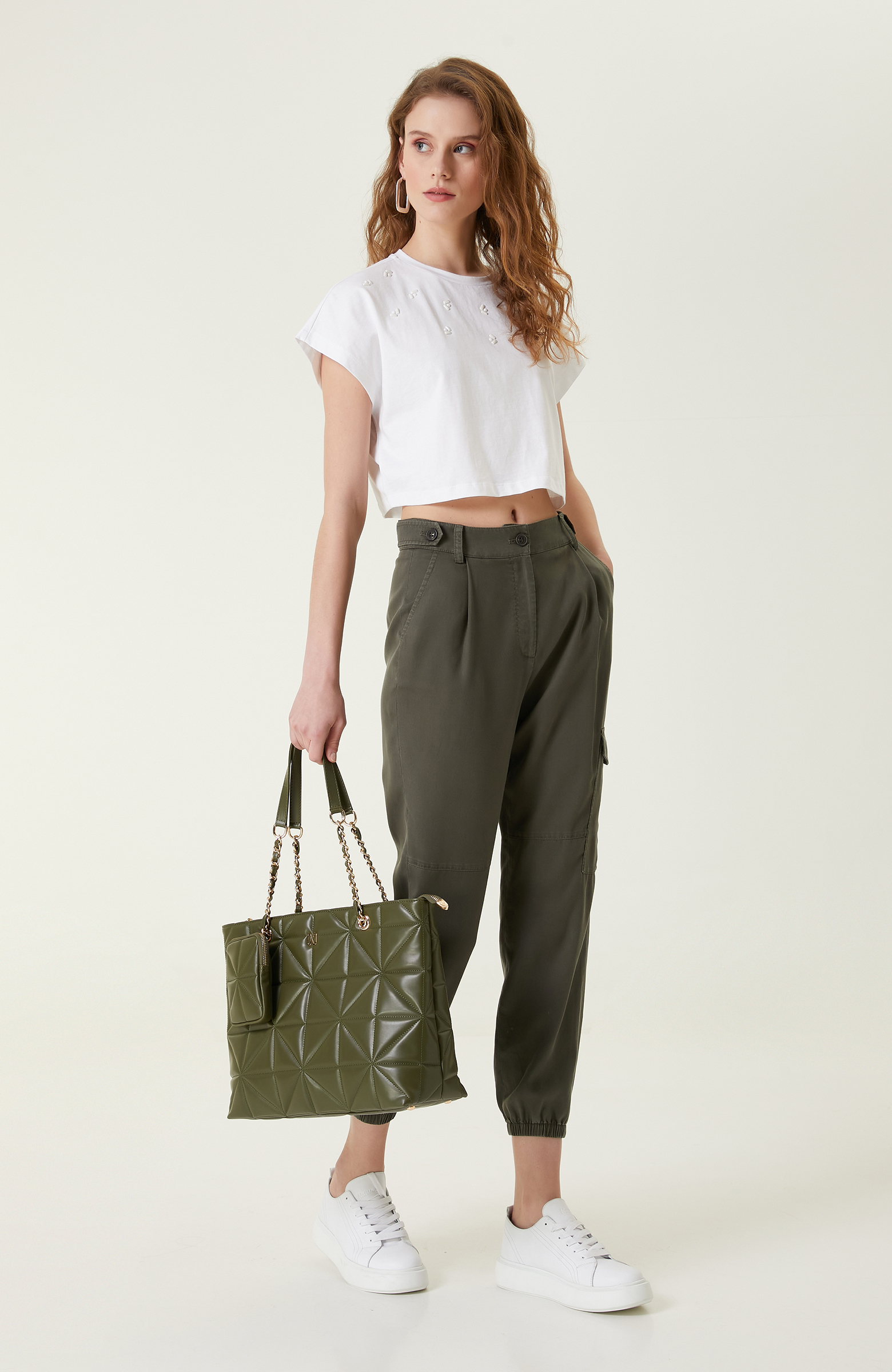 Haki Yüksek Bel Pileli Pantolon