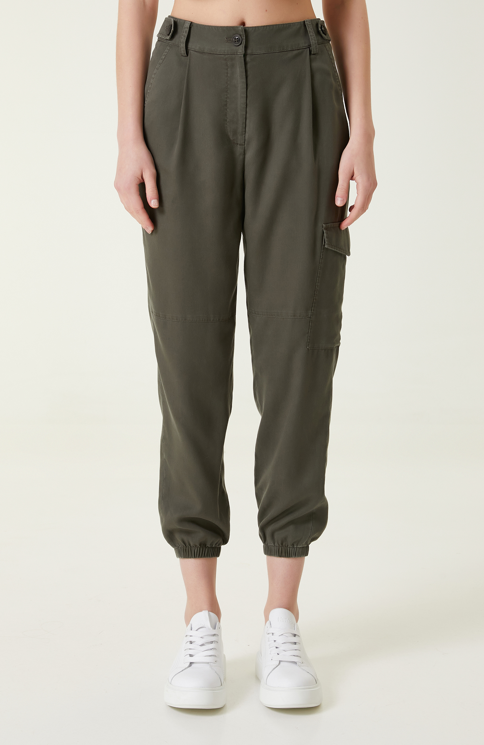 Haki Yüksek Bel Pileli Pantolon