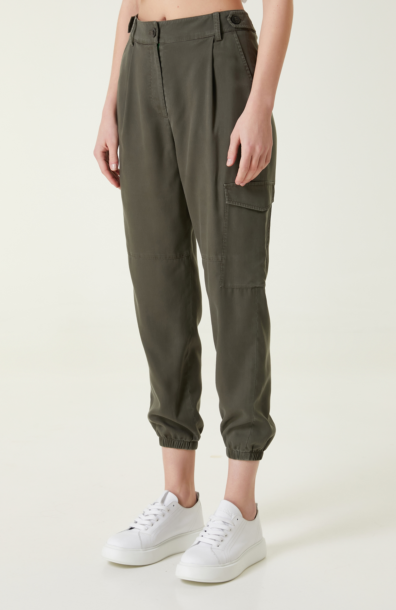 Haki Yüksek Bel Pileli Pantolon