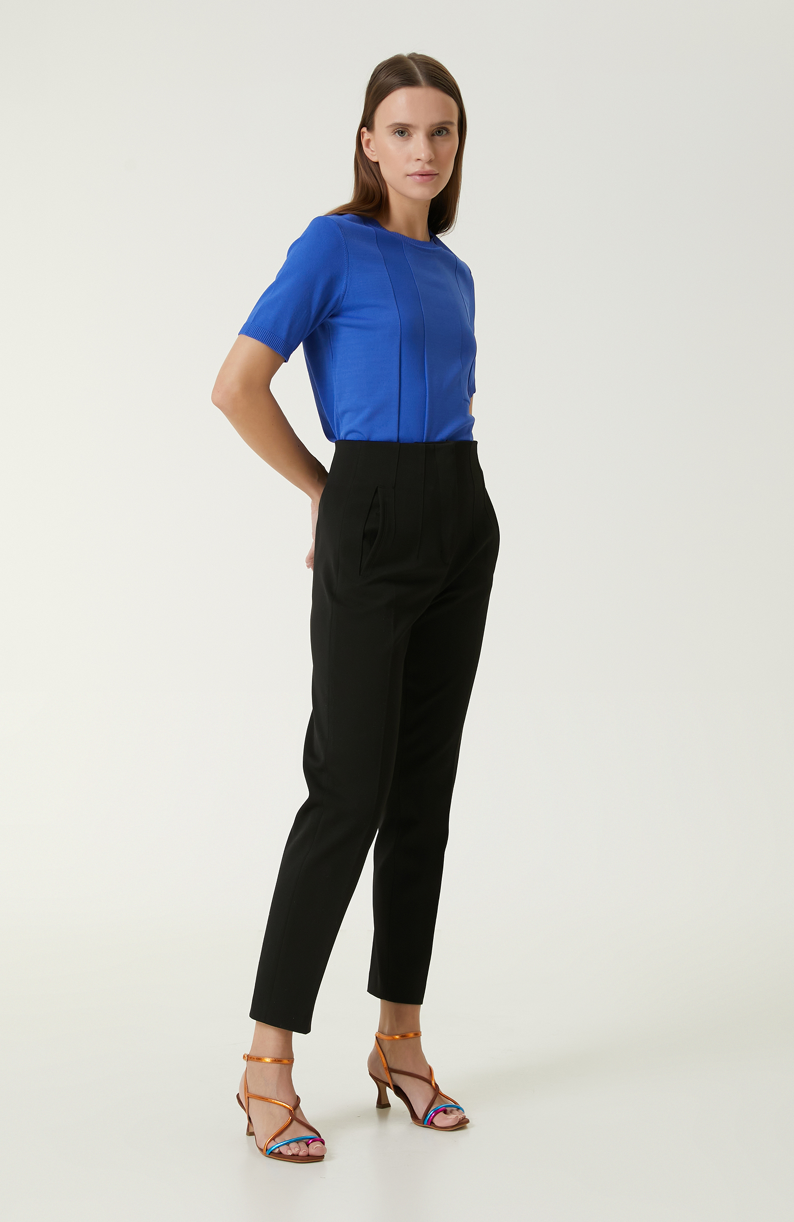 Saks Çizgi Jakarlı Kazak