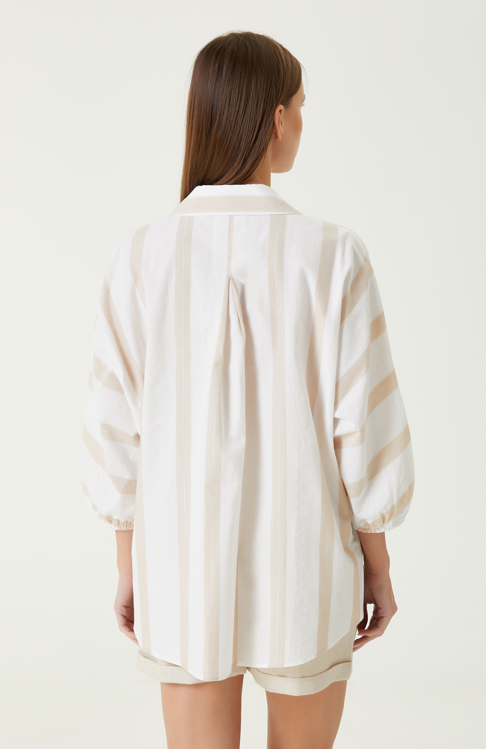 Ekru Bej Çizgili Gömlek