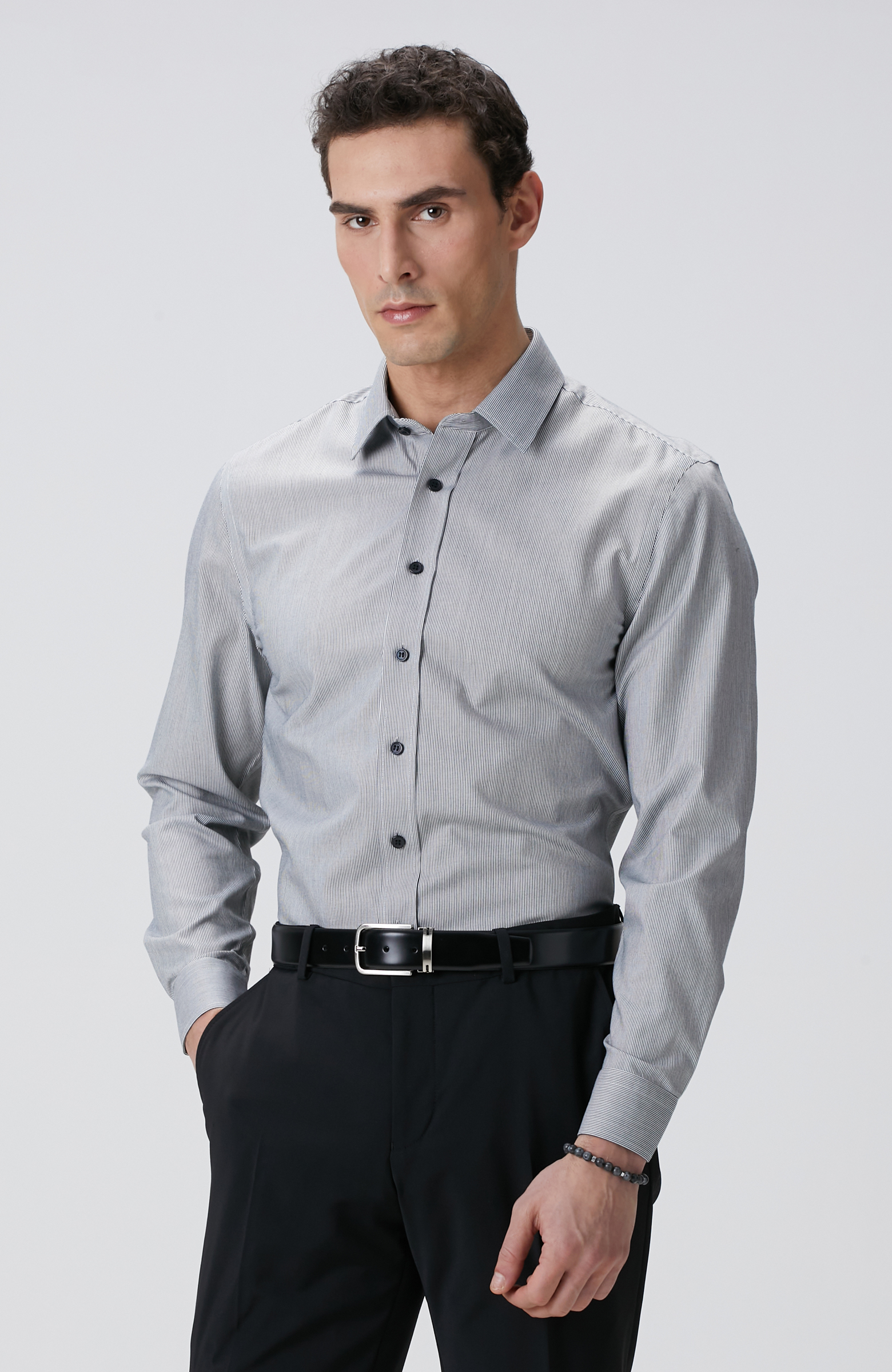 Siyah Super Non-Iron Çizgili Gömlek