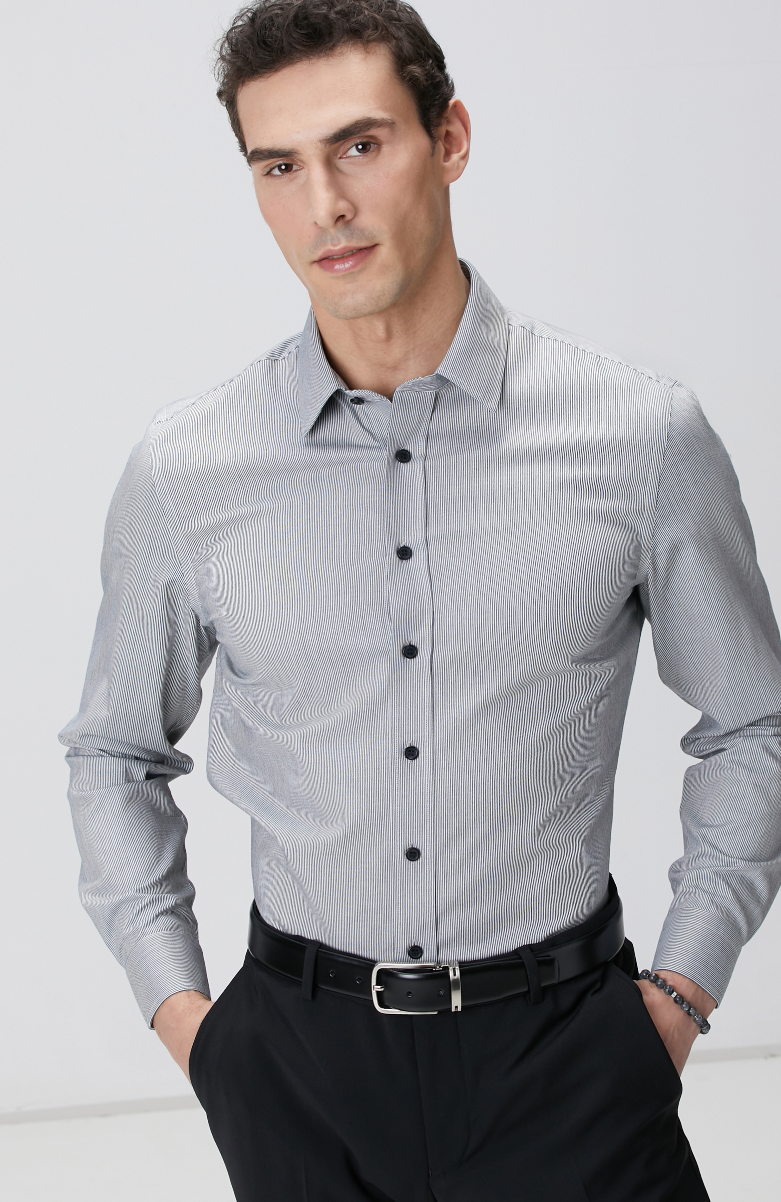 Siyah Super Non-Iron Çizgili Gömlek