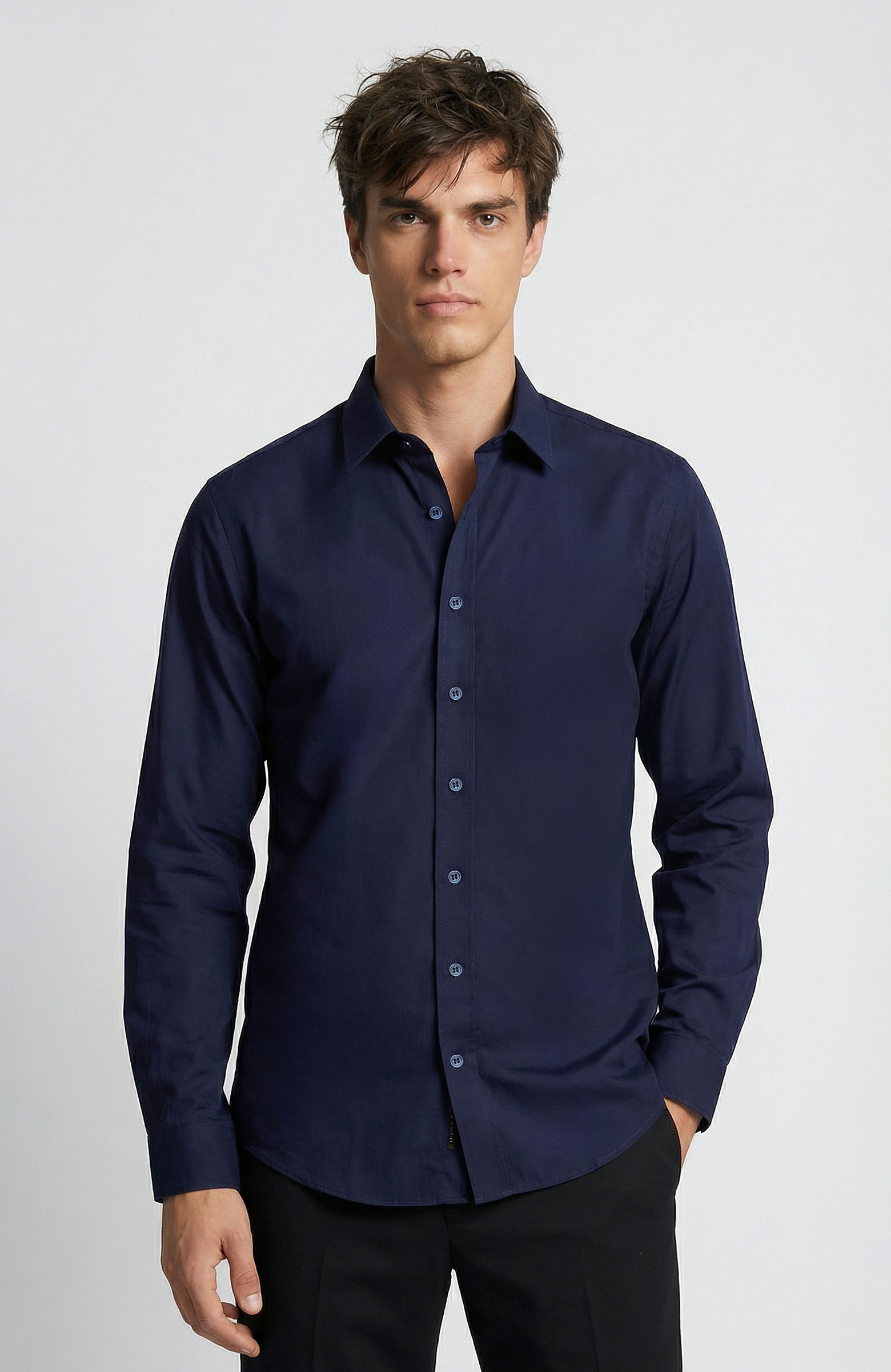 Non-Iron Lacivert Saten Gömlek