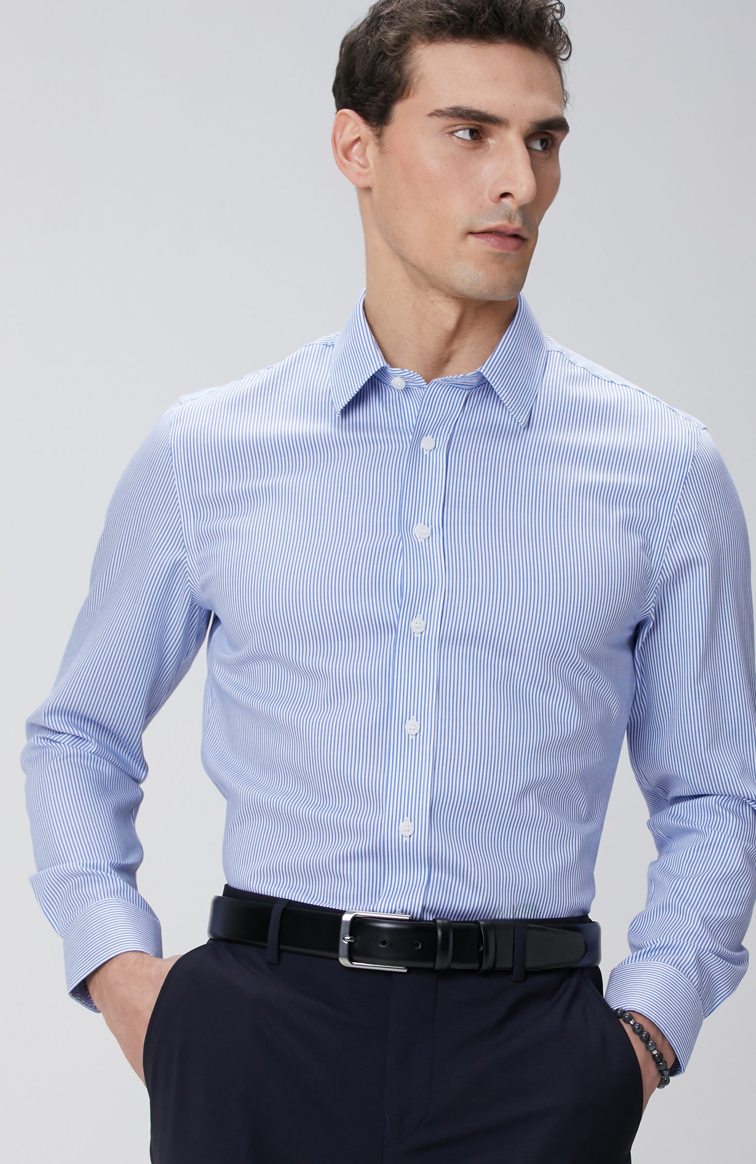 Mavi Çizgi Desenli Super Non-Iron Gömlek