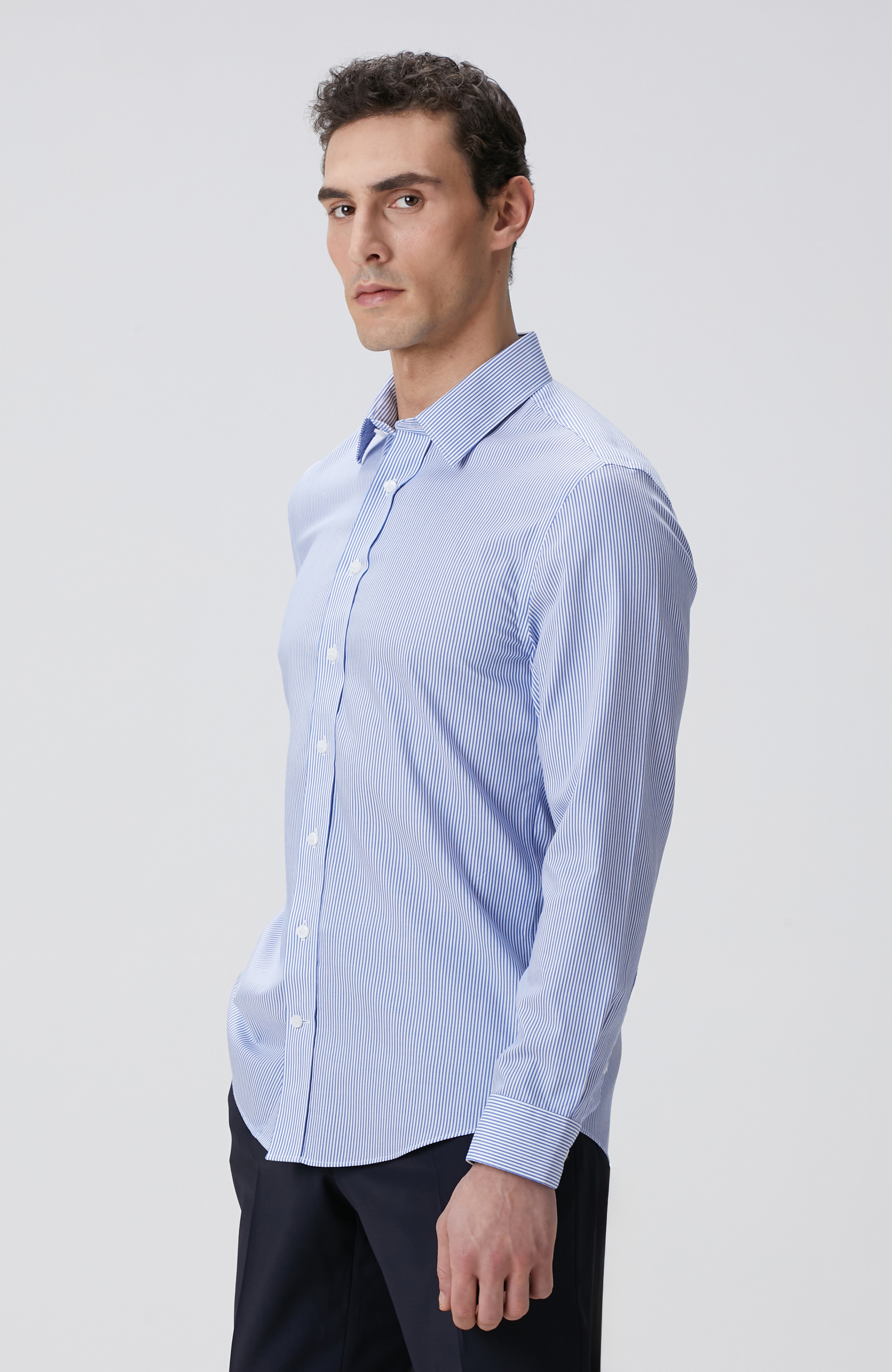 Mavi Çizgi Desenli Super Non-Iron Gömlek