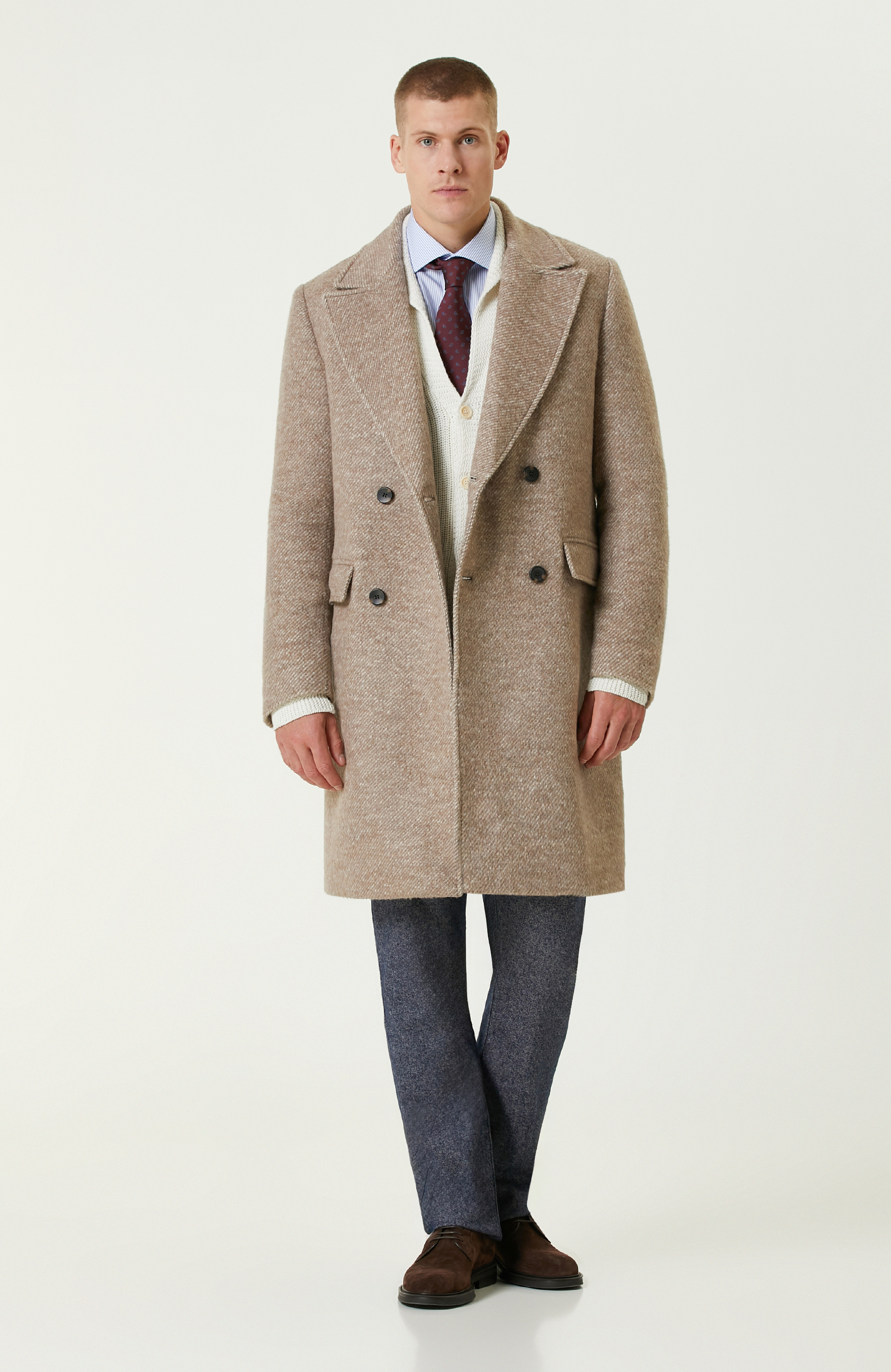 Bej Zegna Kumaştan Üretilmiş Limited Yün-Laşmir Karışımlı Palto