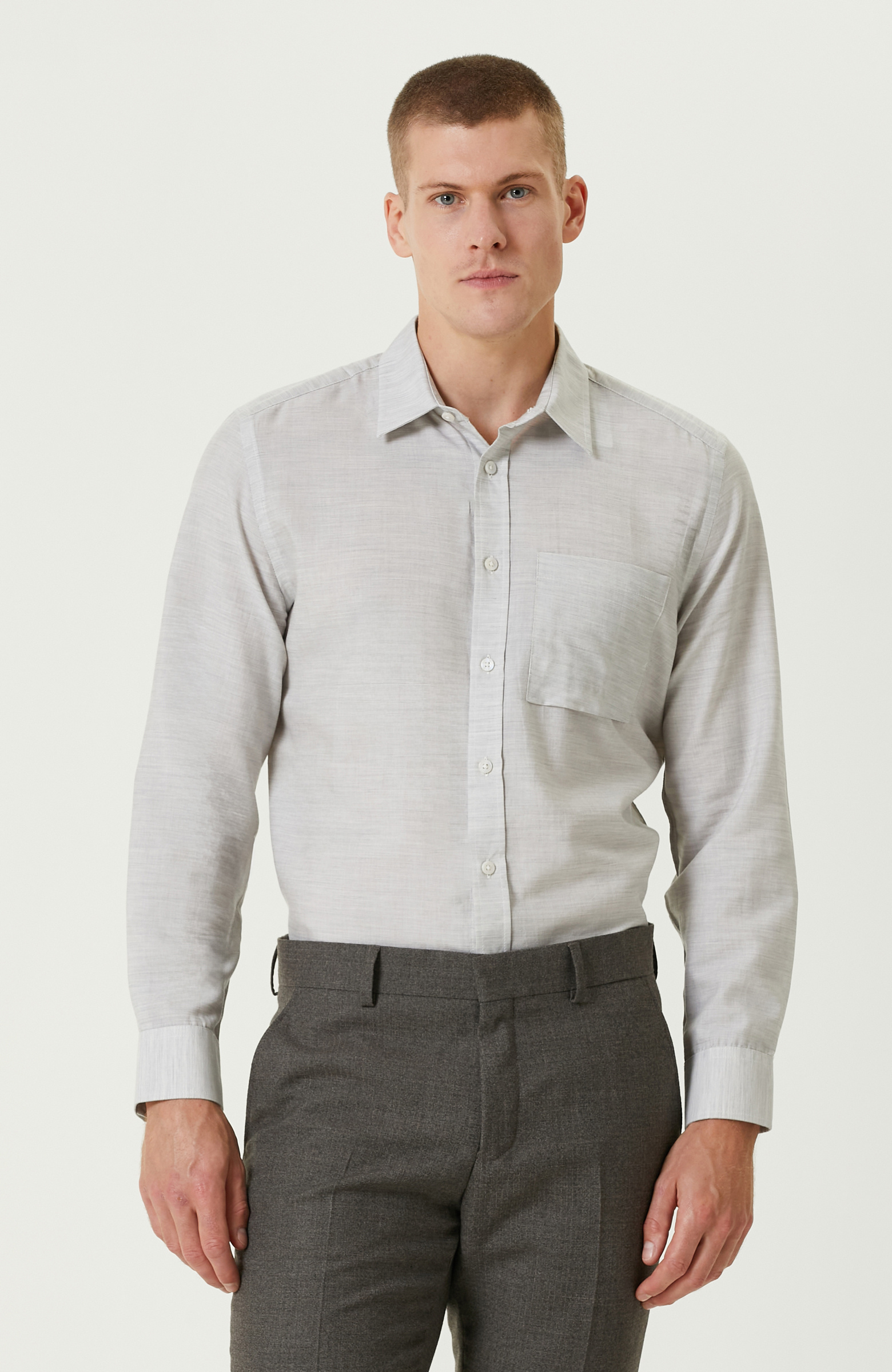 Gri Melanj Comfort Fit Cepli Gömlek