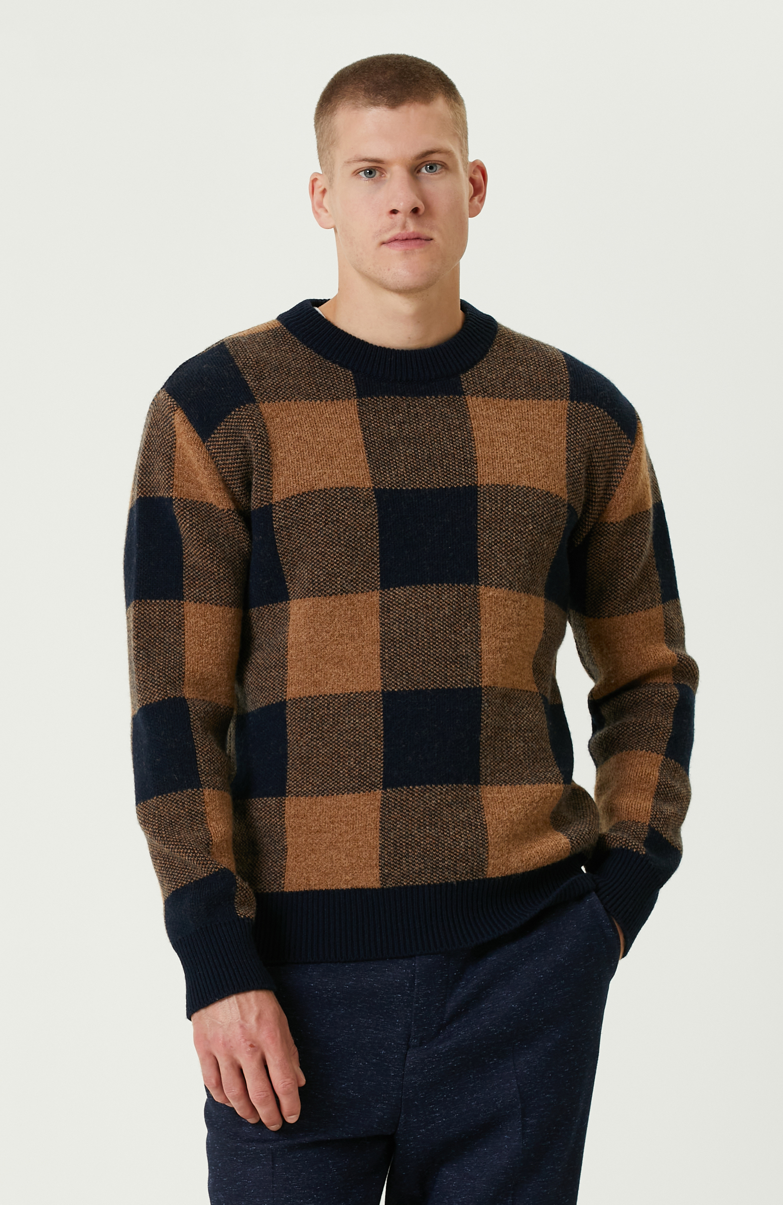 Lacivert-Camel Limited Yün Karışımlı Triko Kazak