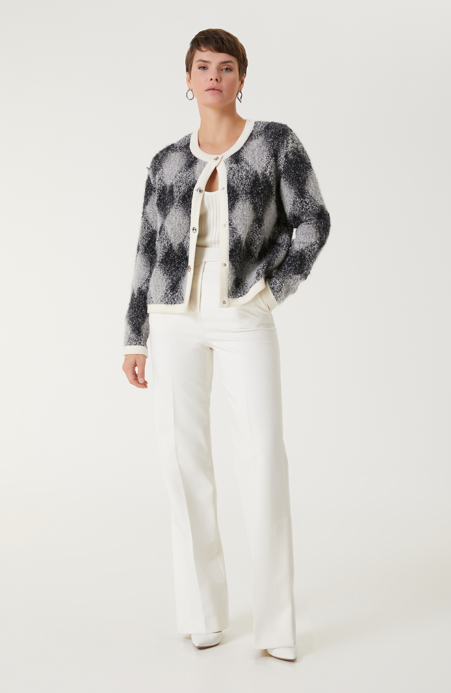 Gri Lacivert Yün Karışımlı Triko Ceket