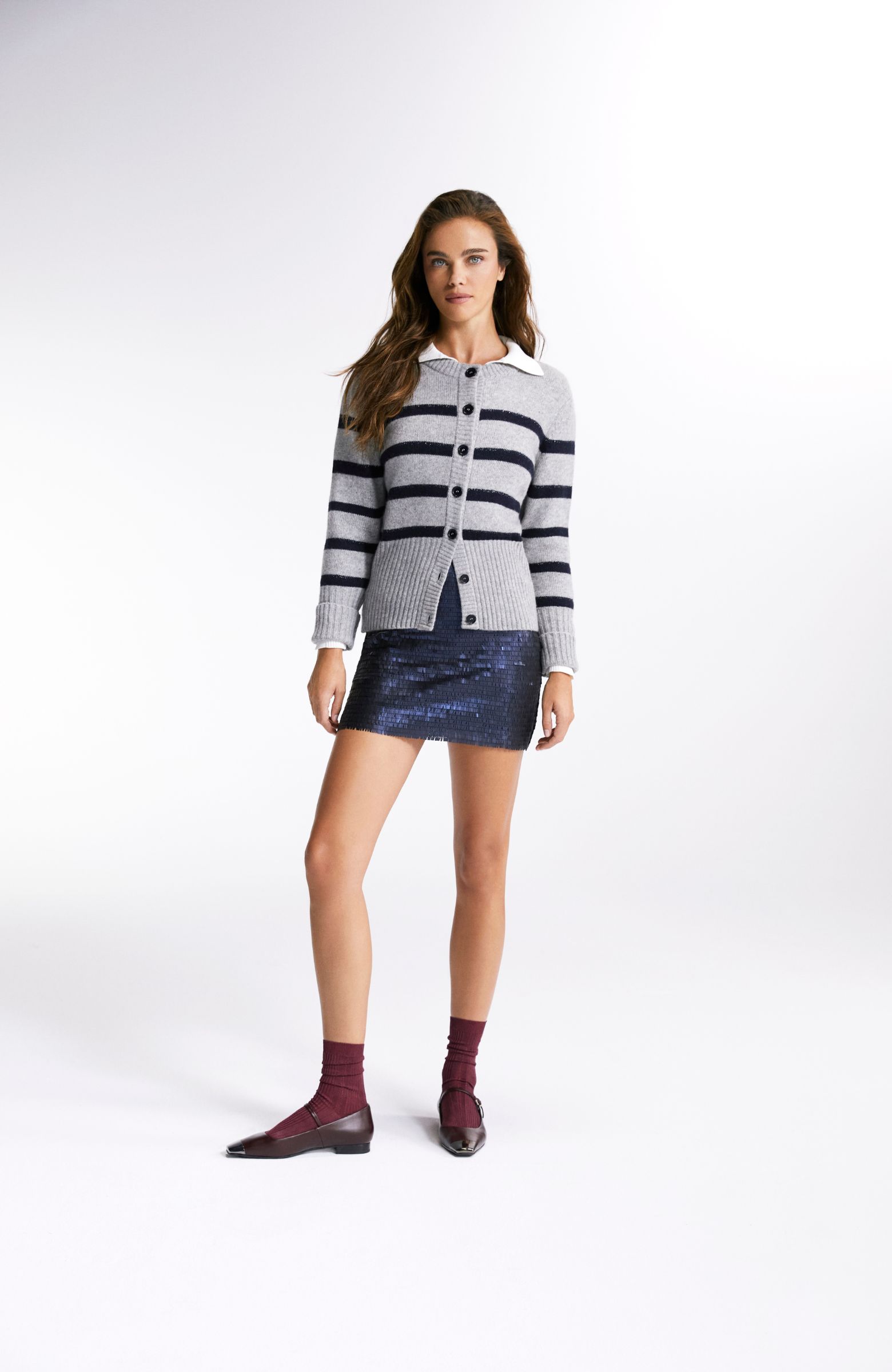 Gri Lacivert Yün Karışımlı Çizgili Hırka