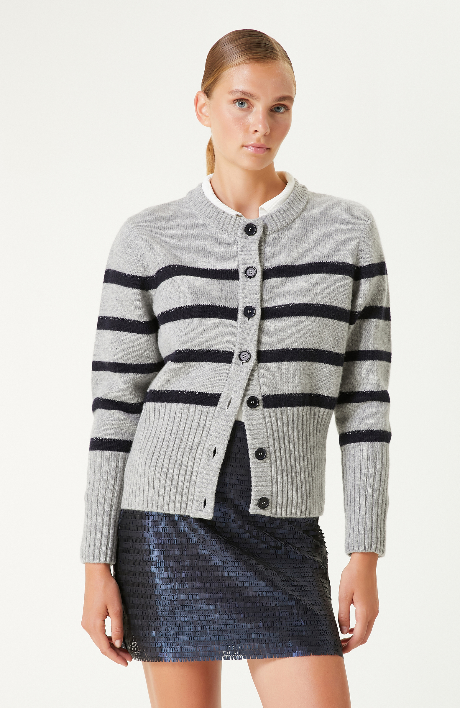 Gri Lacivert Yün Karışımlı Çizgili Hırka