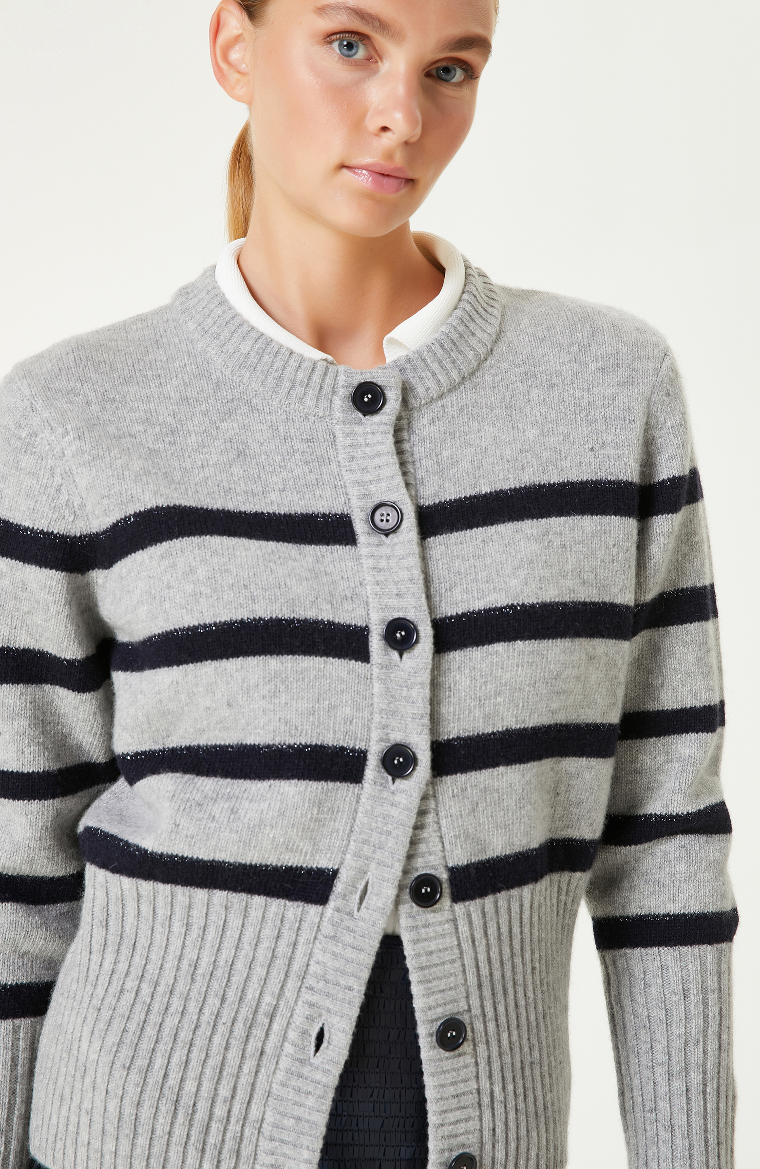 Gri Lacivert Yün Karışımlı Çizgili Hırka