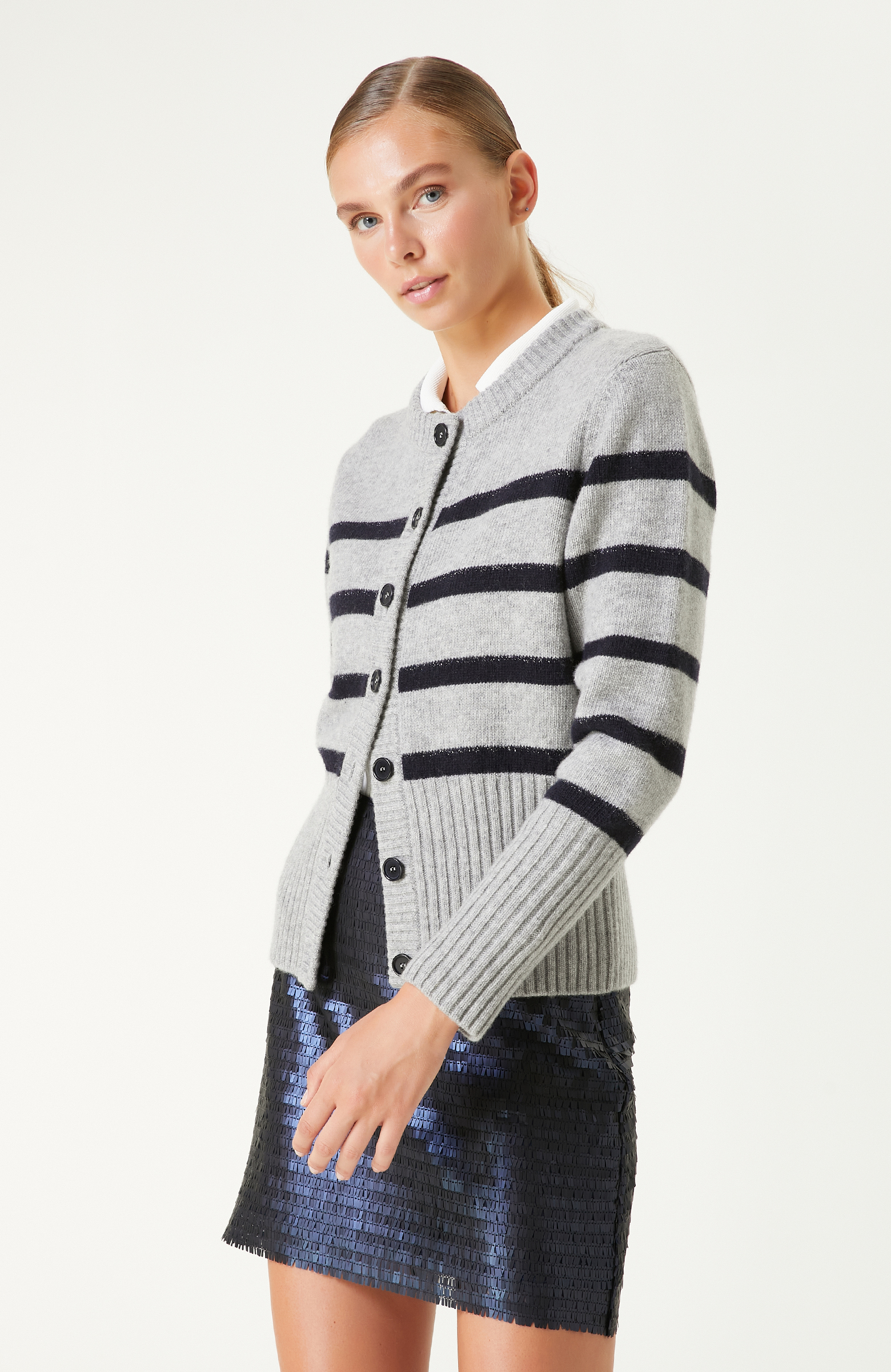 Gri Lacivert Yün Karışımlı Çizgili Hırka