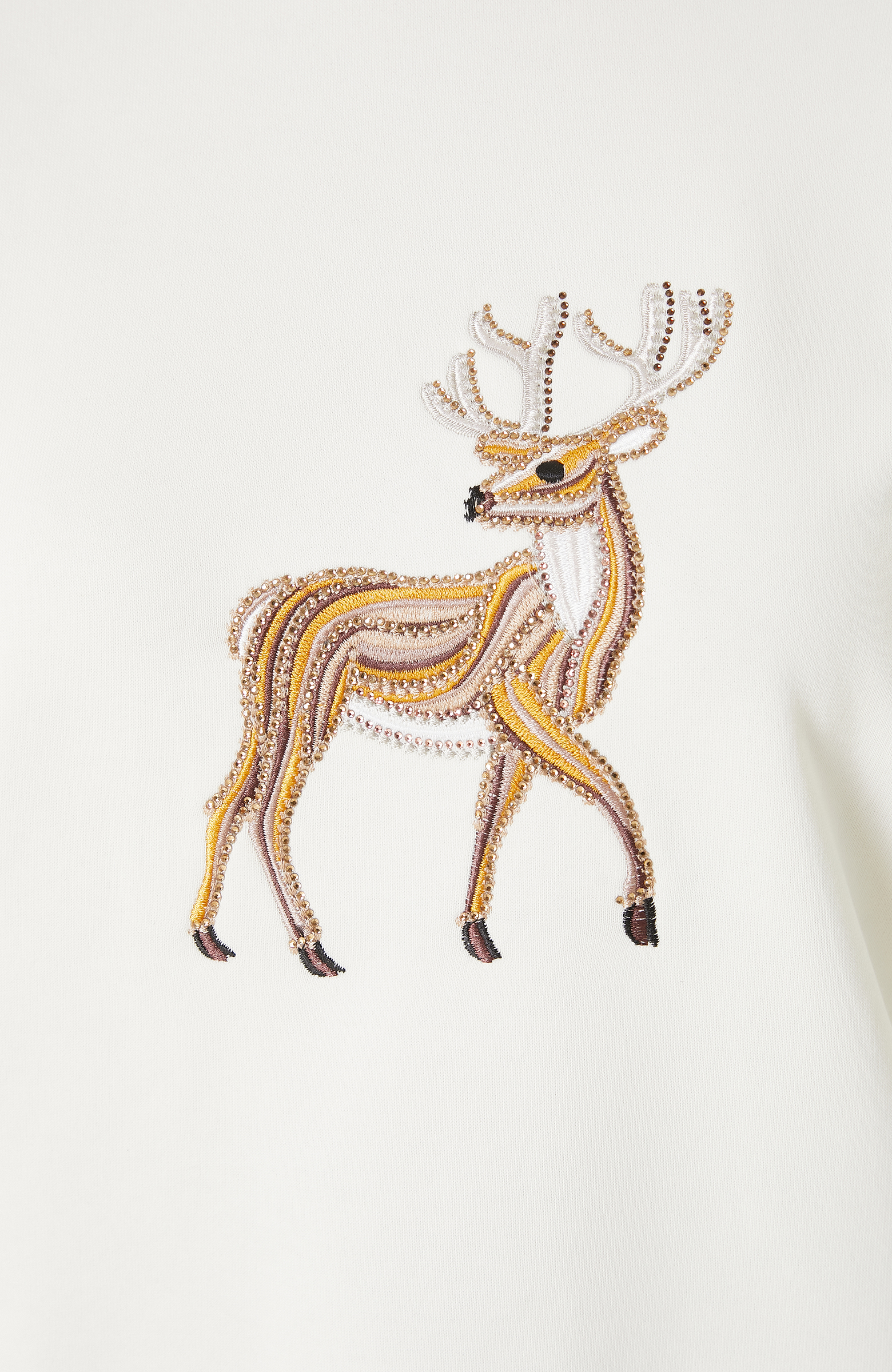 Kırık Beyaz Nakışlı Taş İşlemeli Sweatshırt