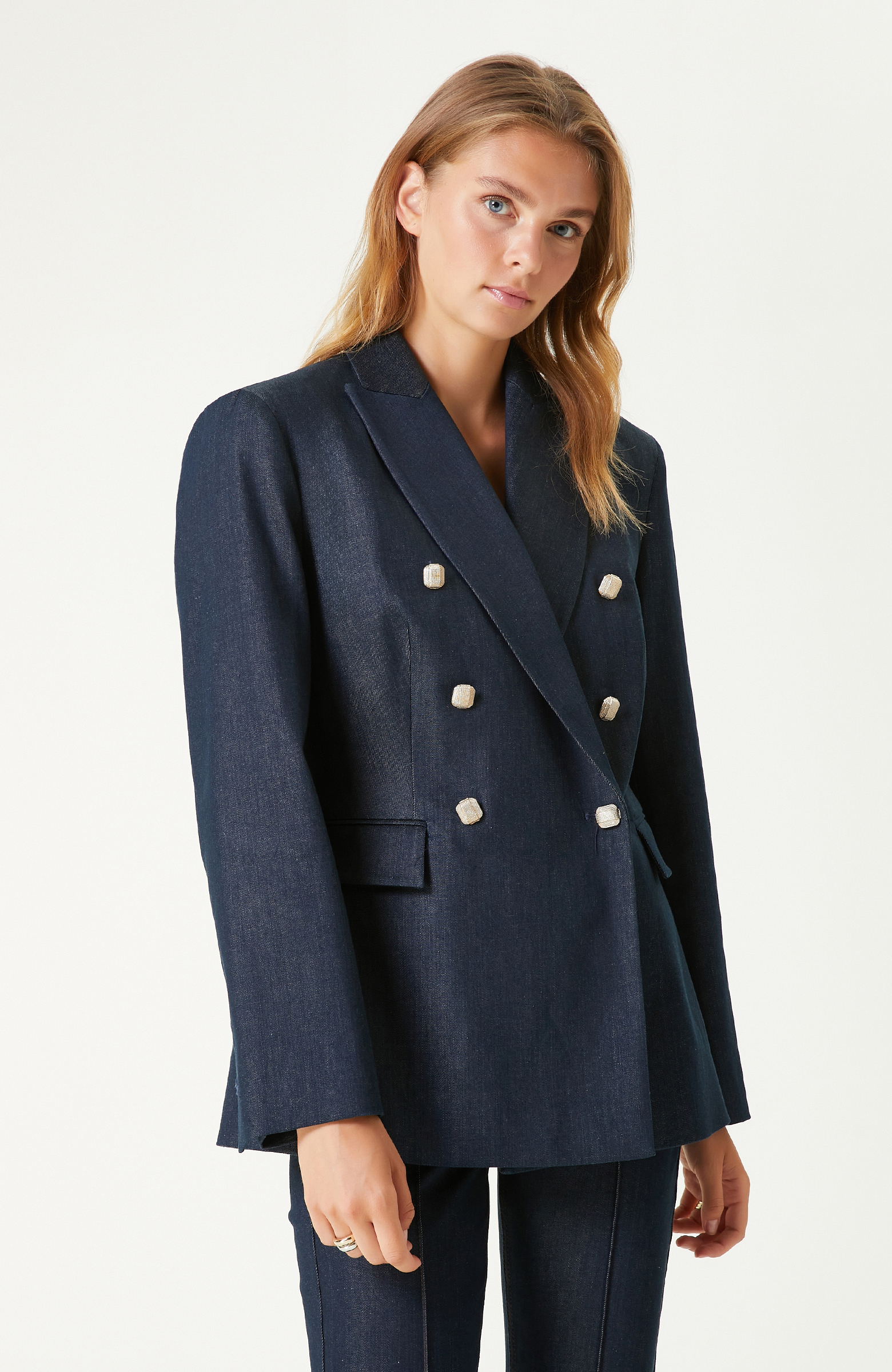 Koyu Indigo Mavi Kruvaze Denim Ceket