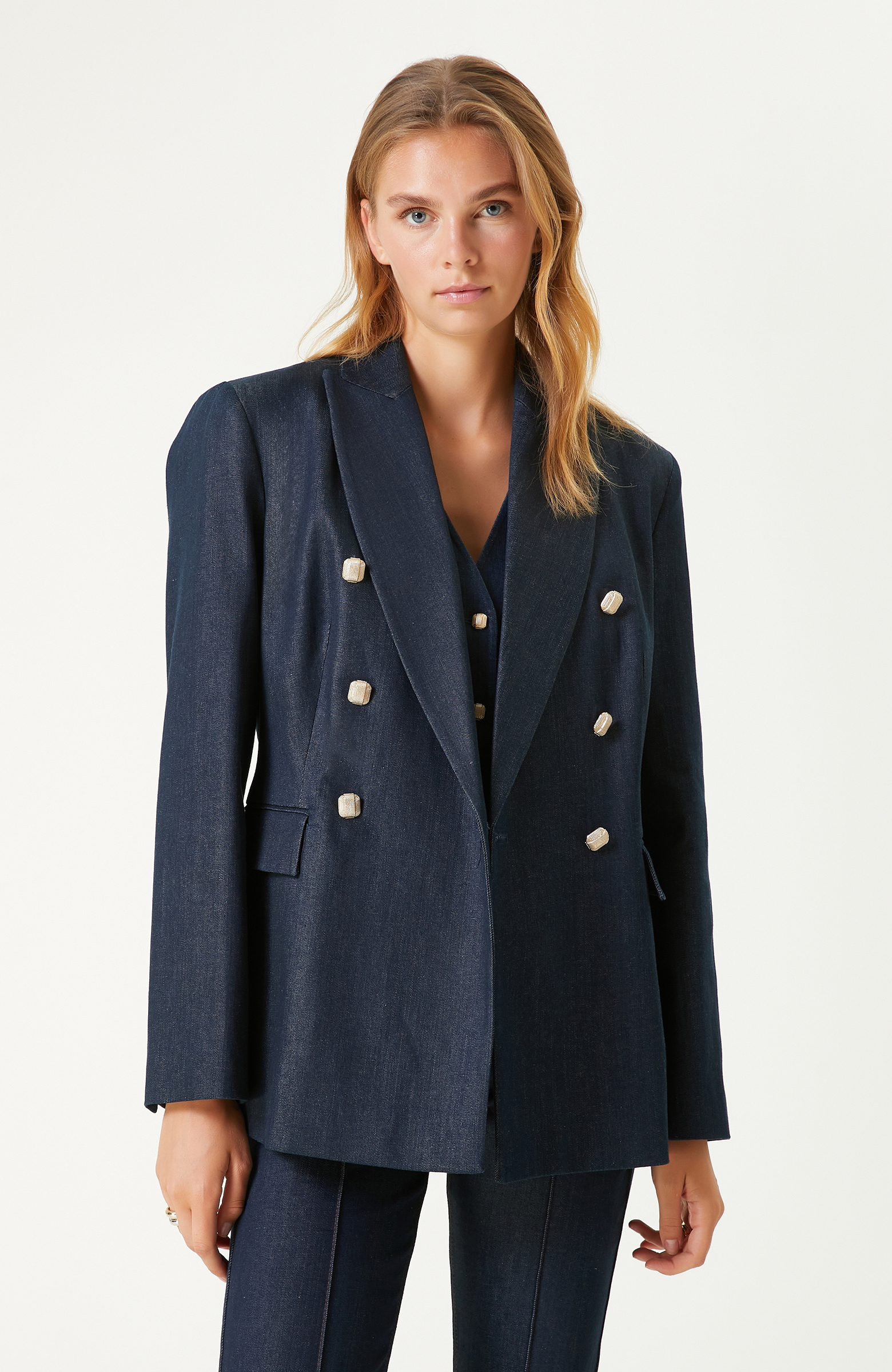 Koyu Indigo Mavi Kruvaze Denim Ceket