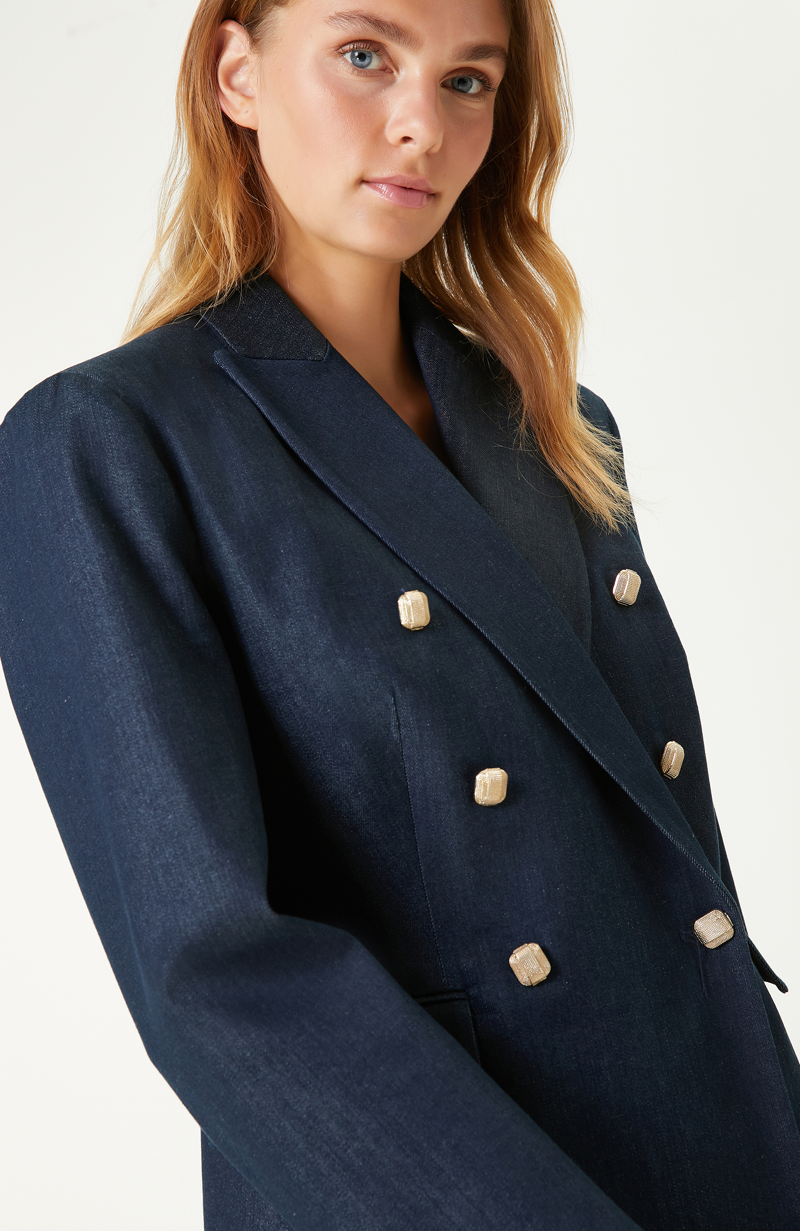 Koyu Indigo Mavi Kruvaze Denim Ceket