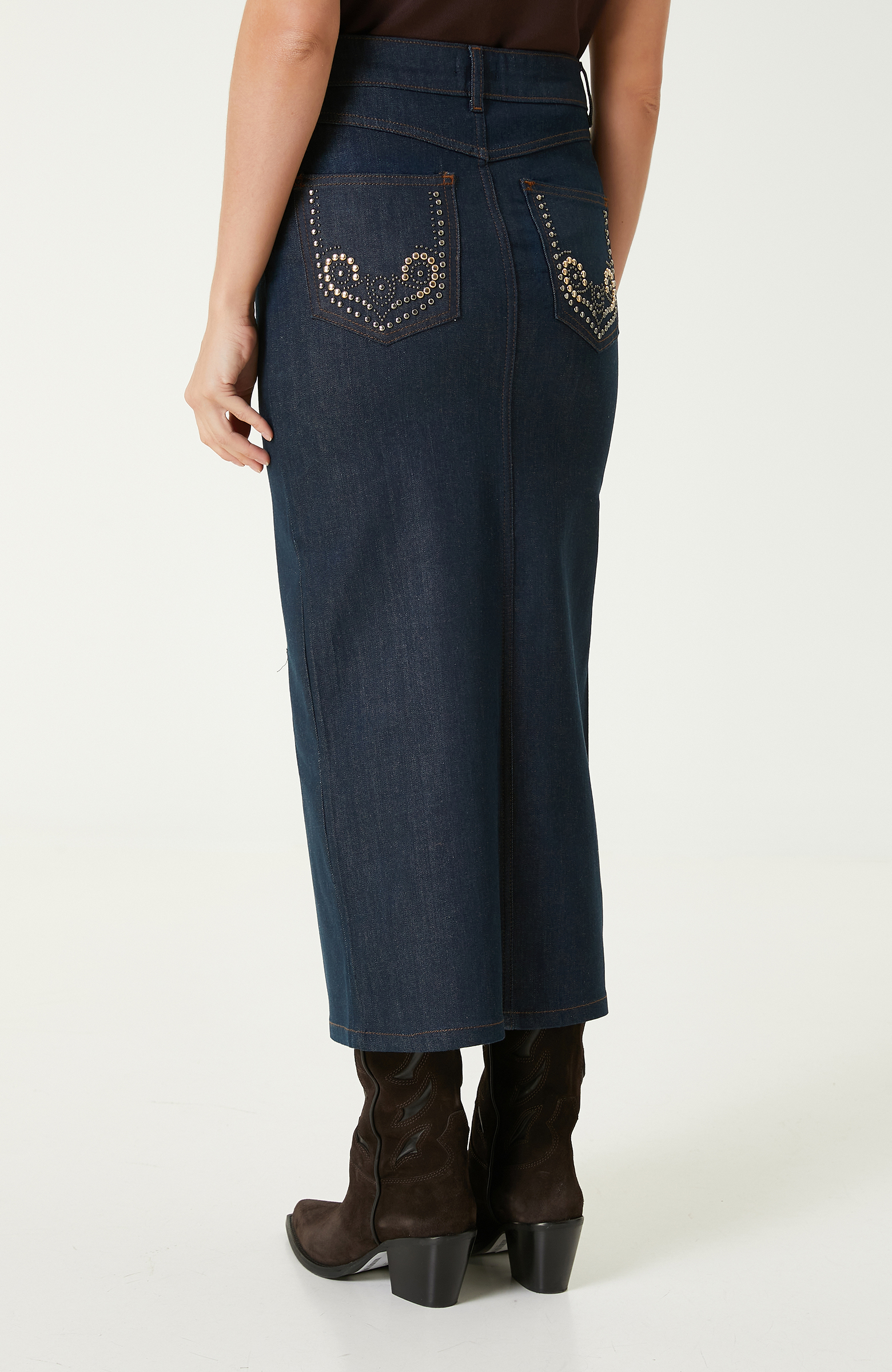 Koyu Indigo Mavi Trok Detaylı Denim Etek