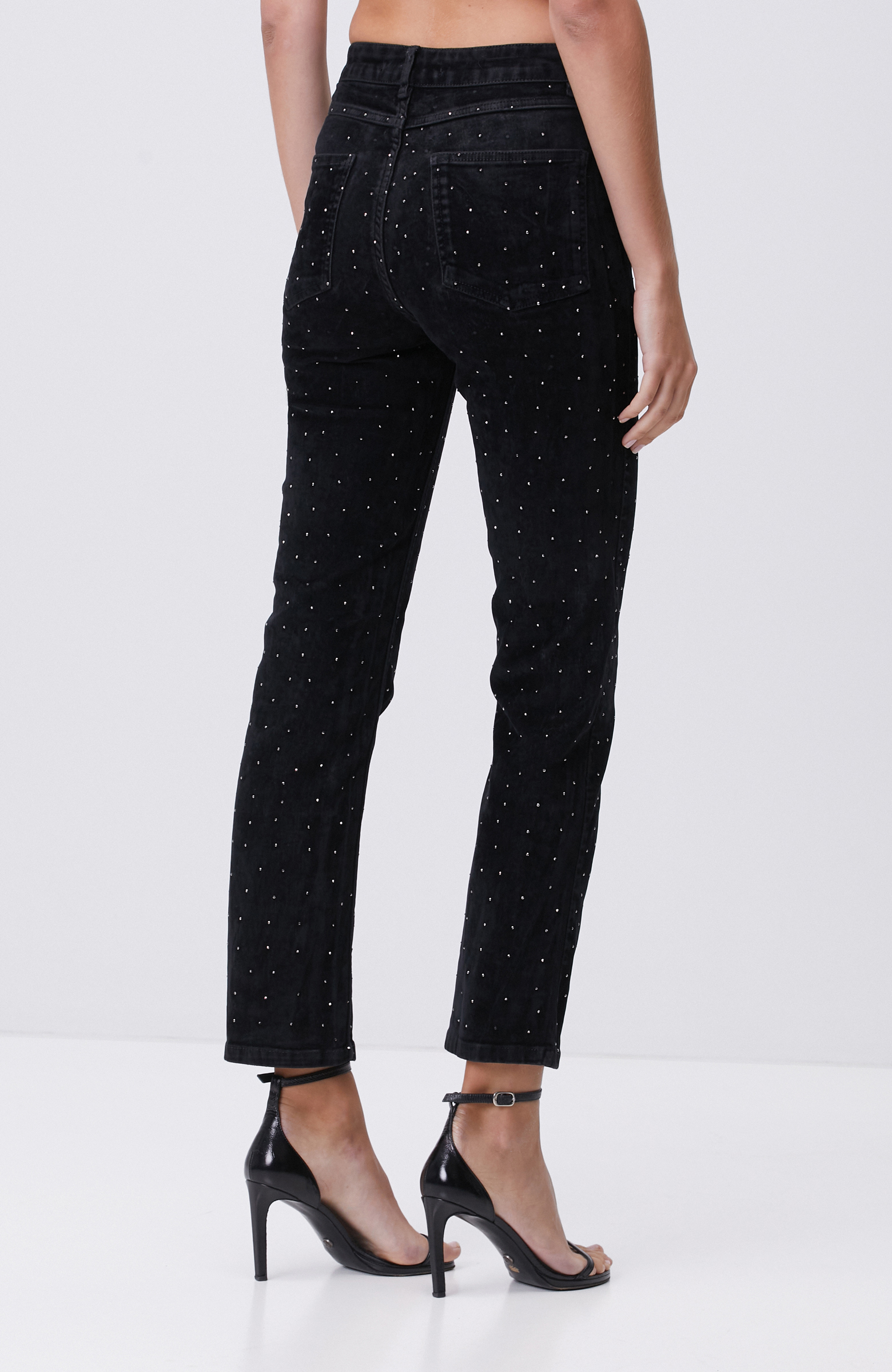 Siyah Taş Baskı Detaylı Kadife Denim Pantolon