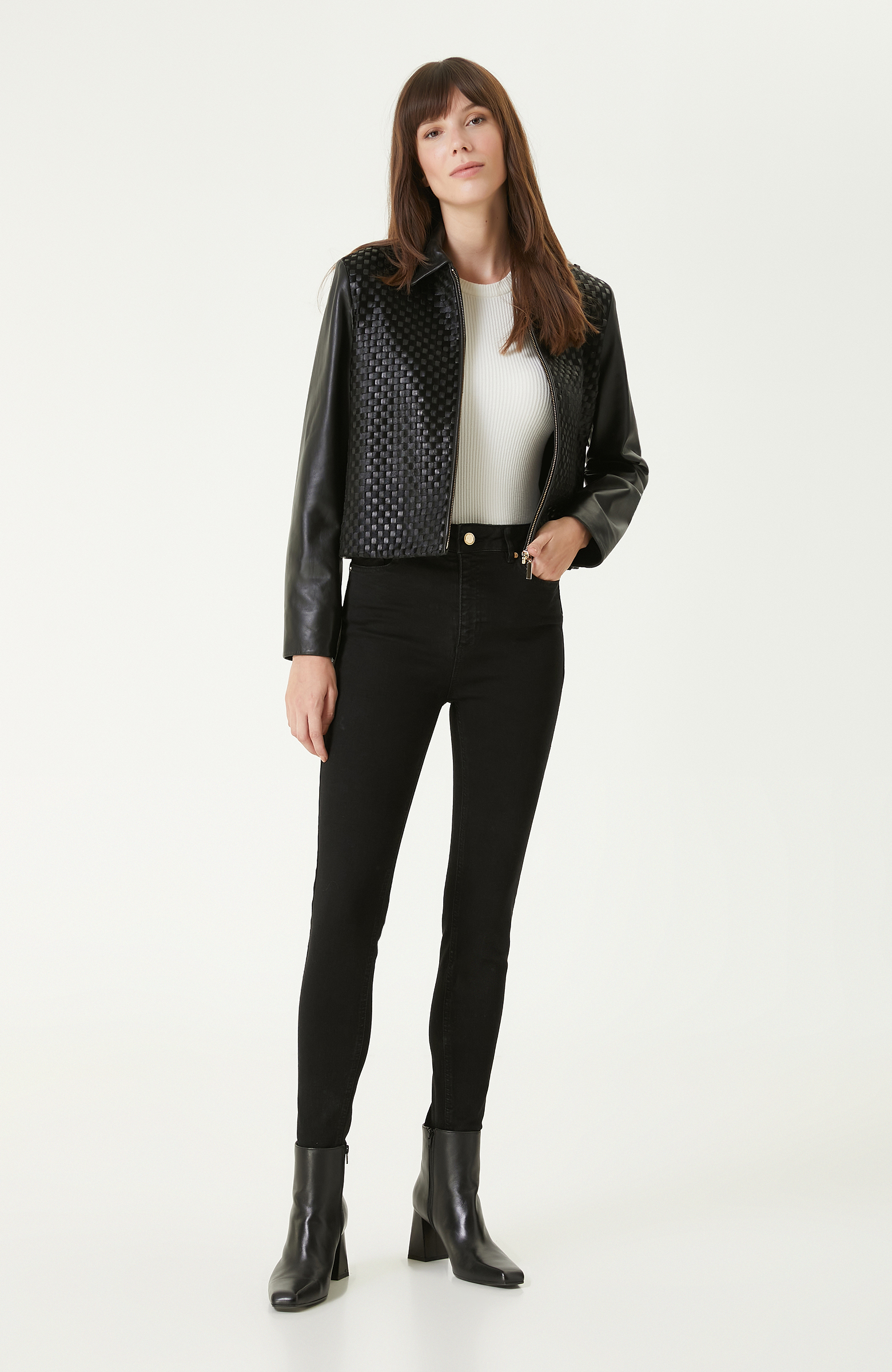 Siyah Limited Örgü Detaylı Deri Mont