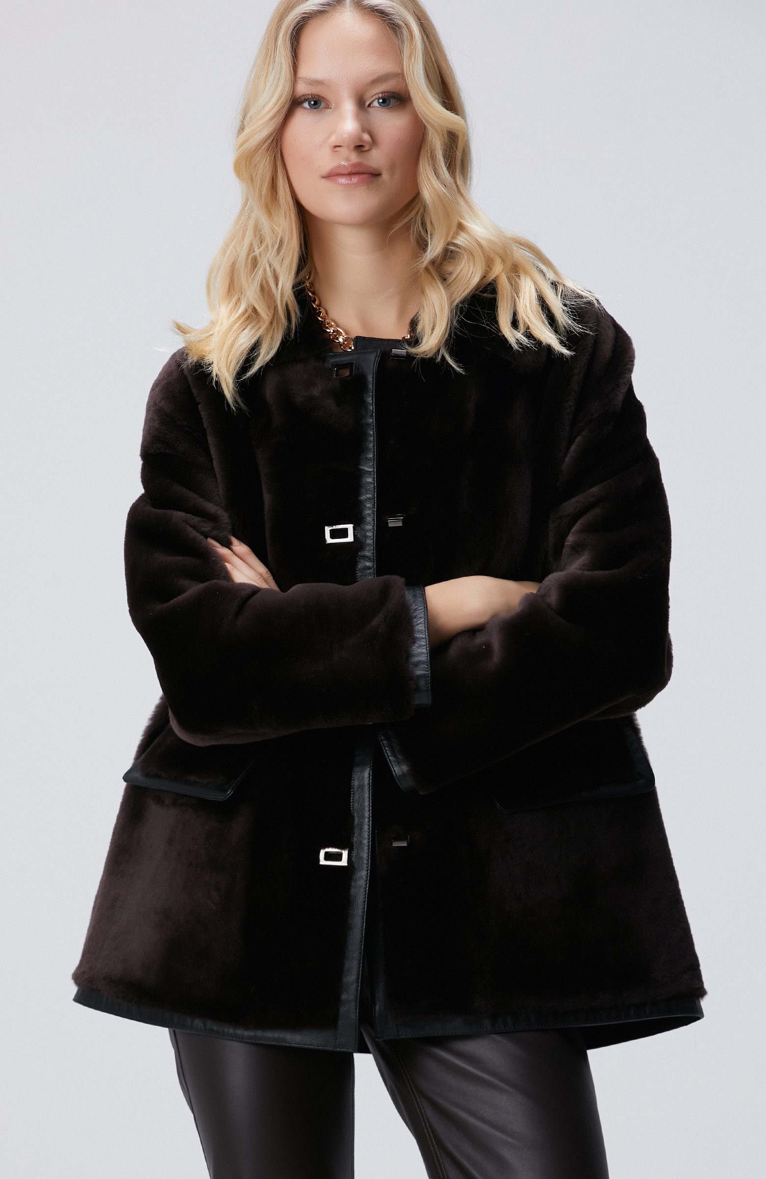 Acı Kahve Biye Detaylı Deri Kaban