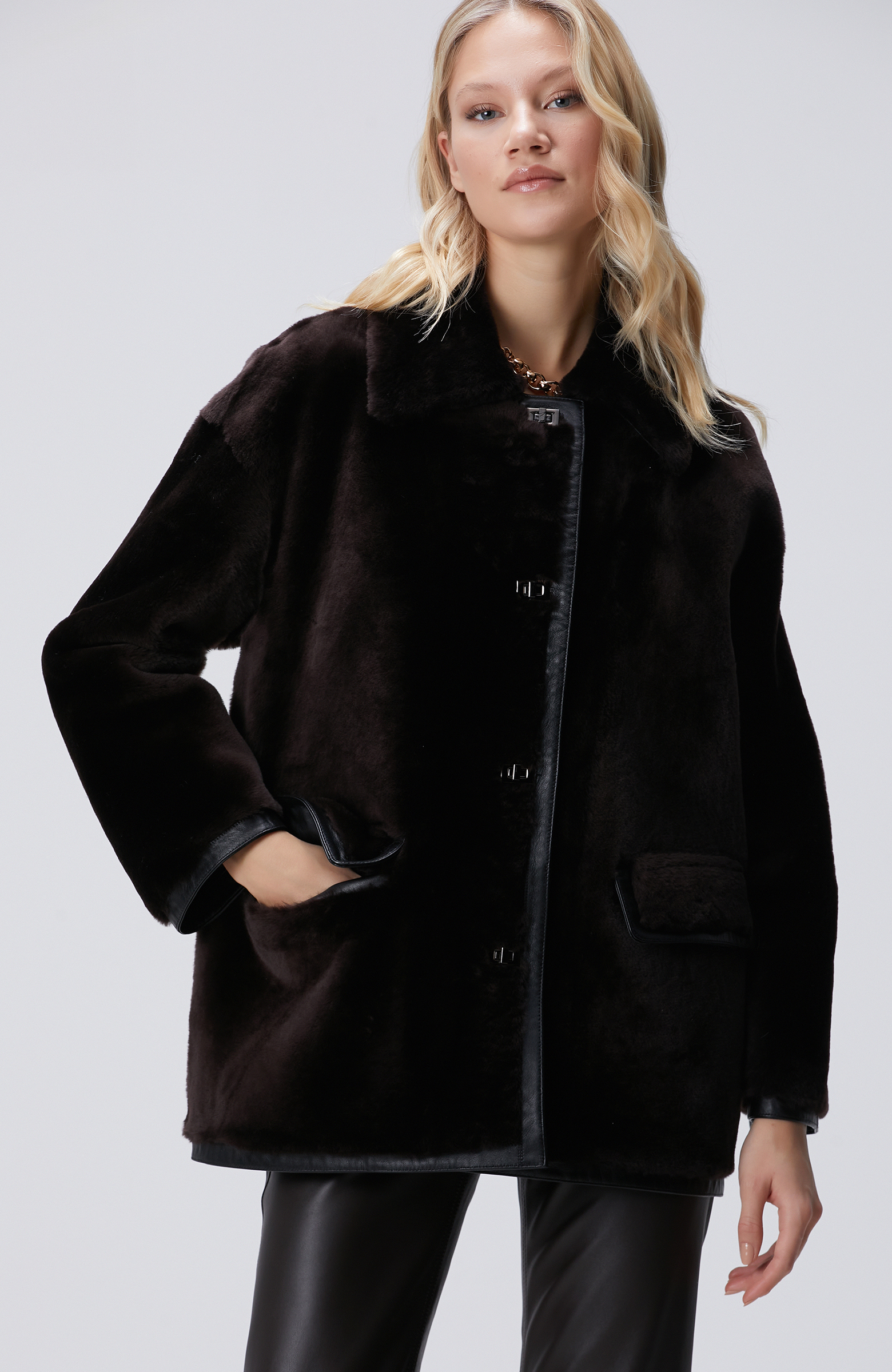 Acı Kahve Biye Detaylı Deri Kaban