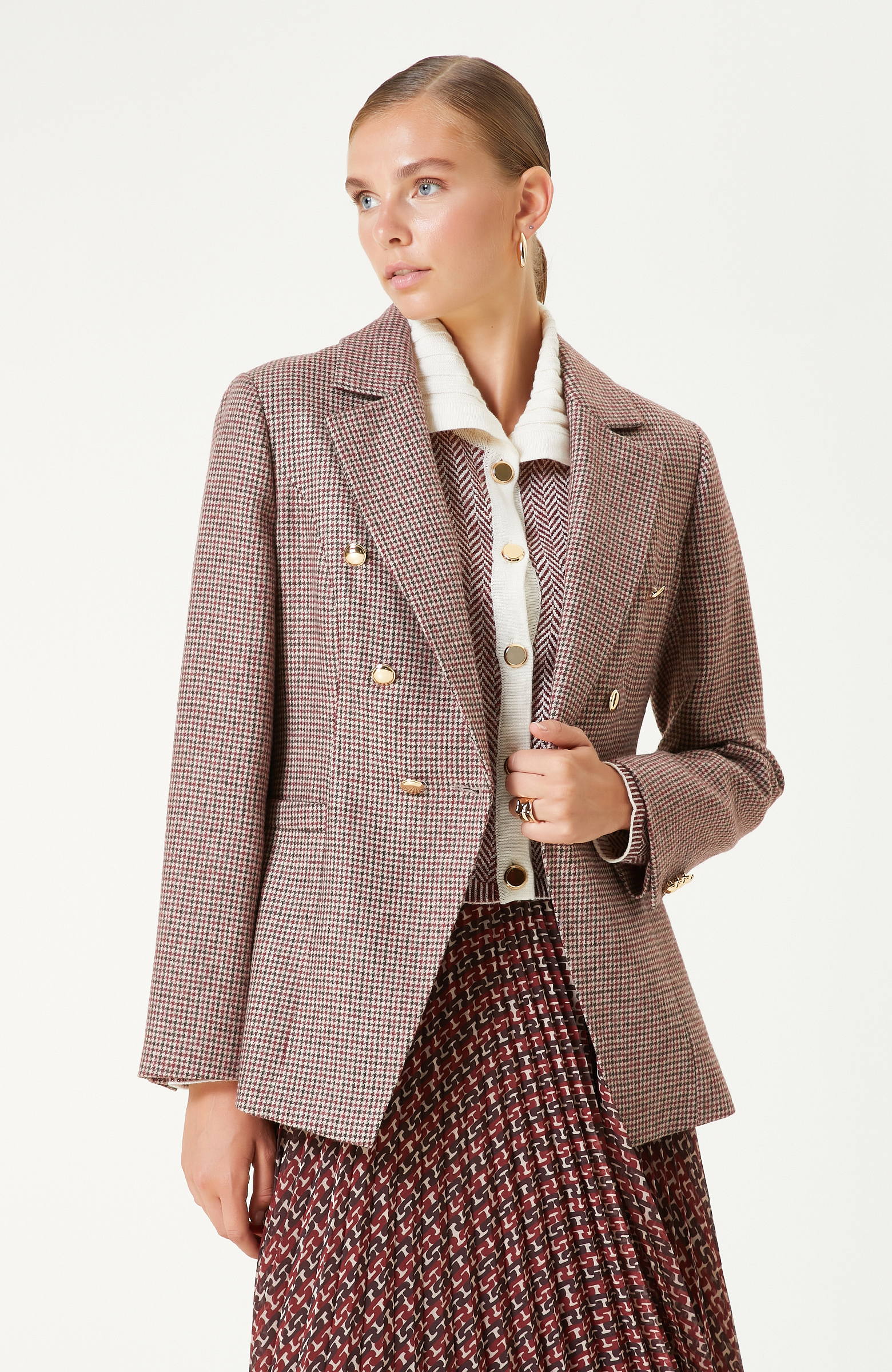 Bordo Yün Karışımlı Kaz Ayağı Desenli Ceket