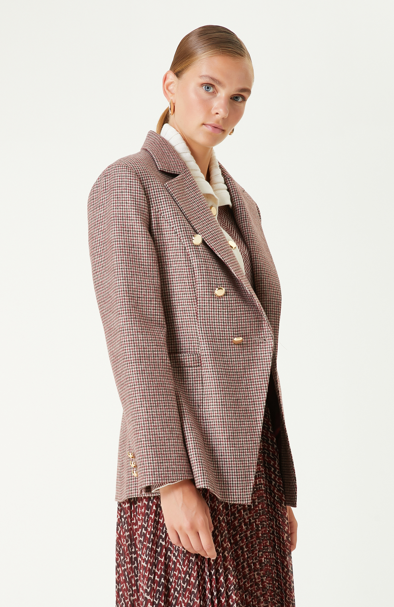 Bordo Yün Karışımlı Kaz Ayağı Desenli Ceket