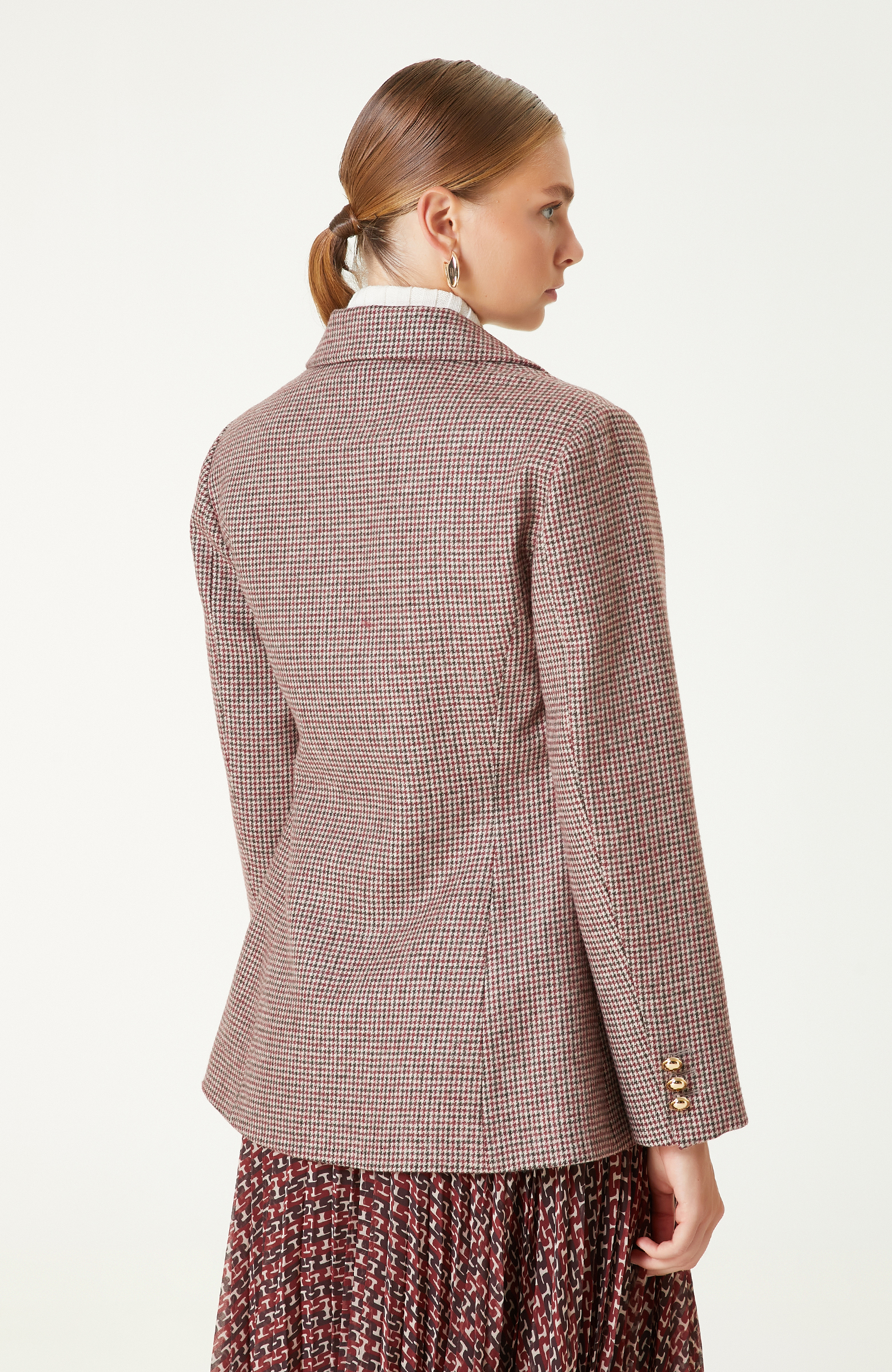 Bordo Yün Karışımlı Kaz Ayağı Desenli Ceket