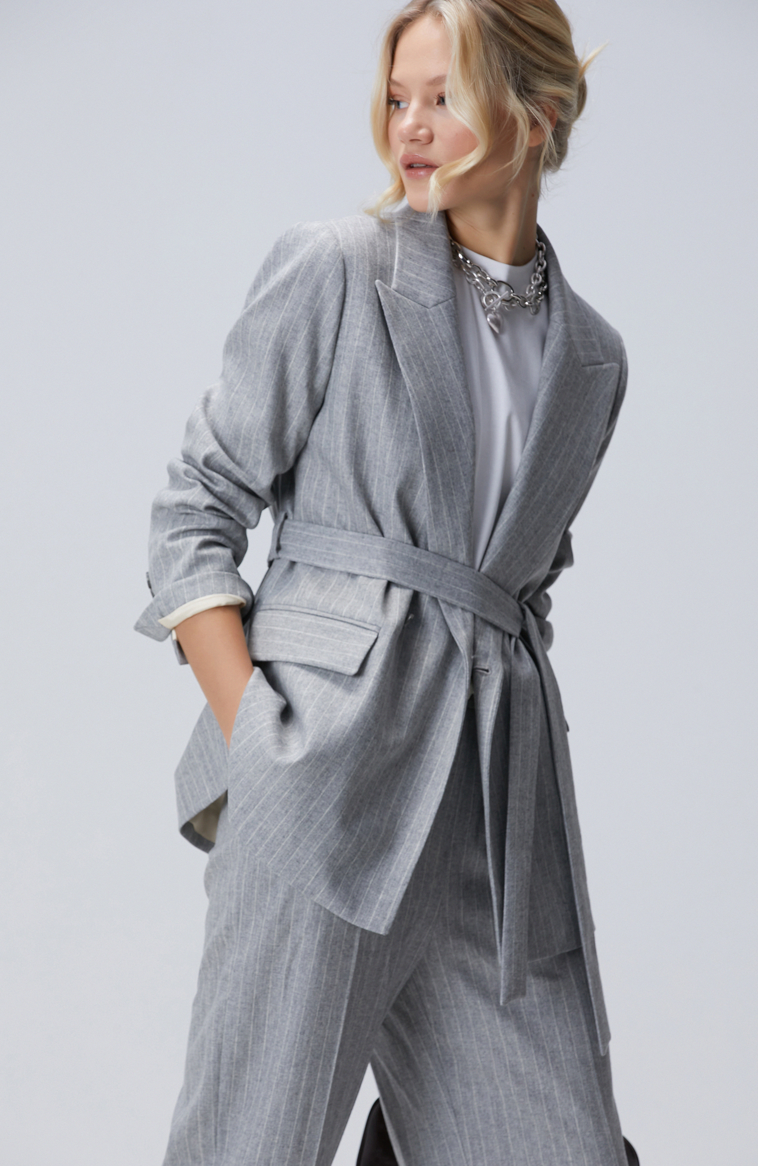 Gri Melanj Yün Karışımlı Blazer Ceket