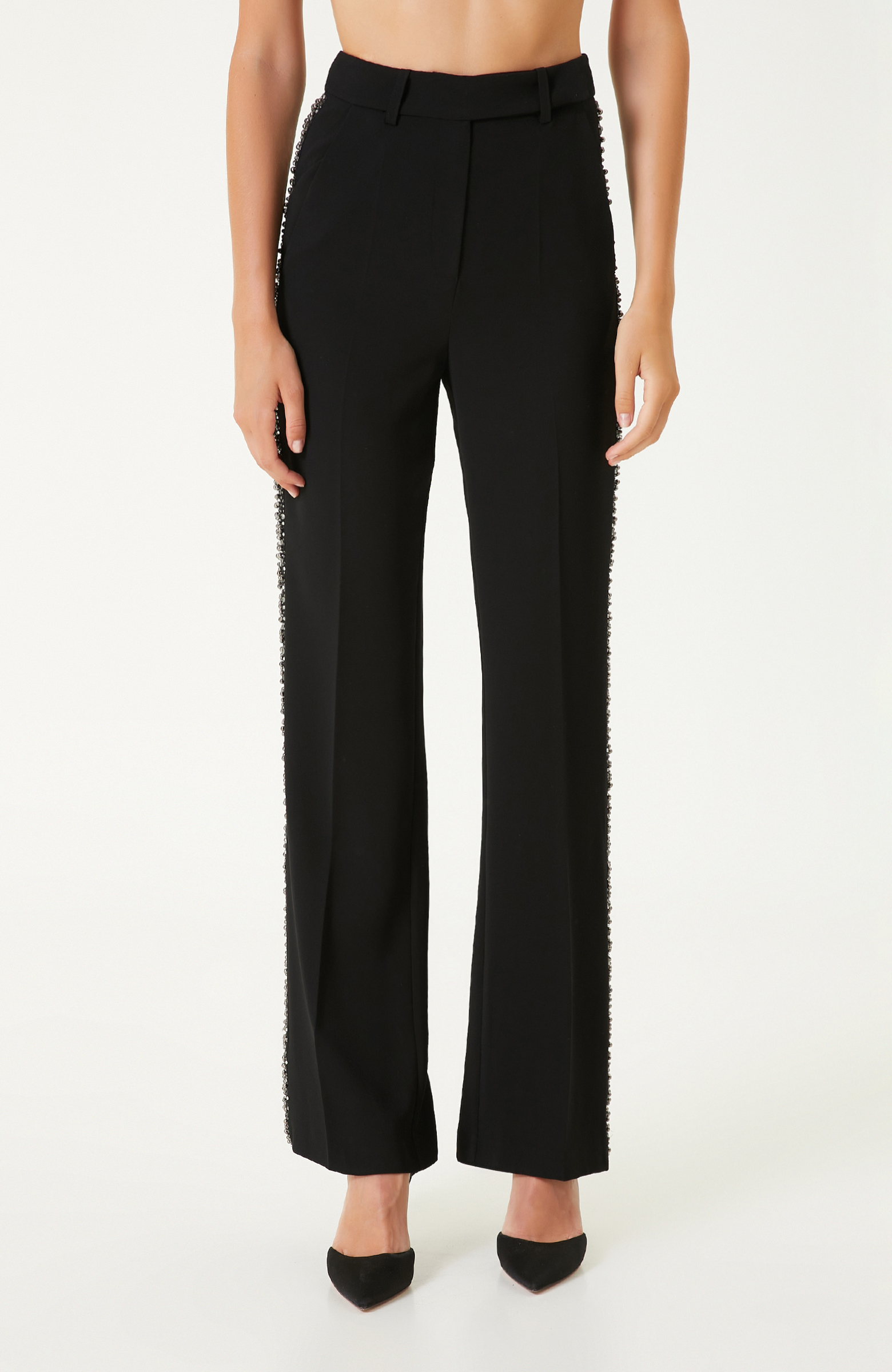 Siyah Taş Aksesuarlı Crep Pantolon