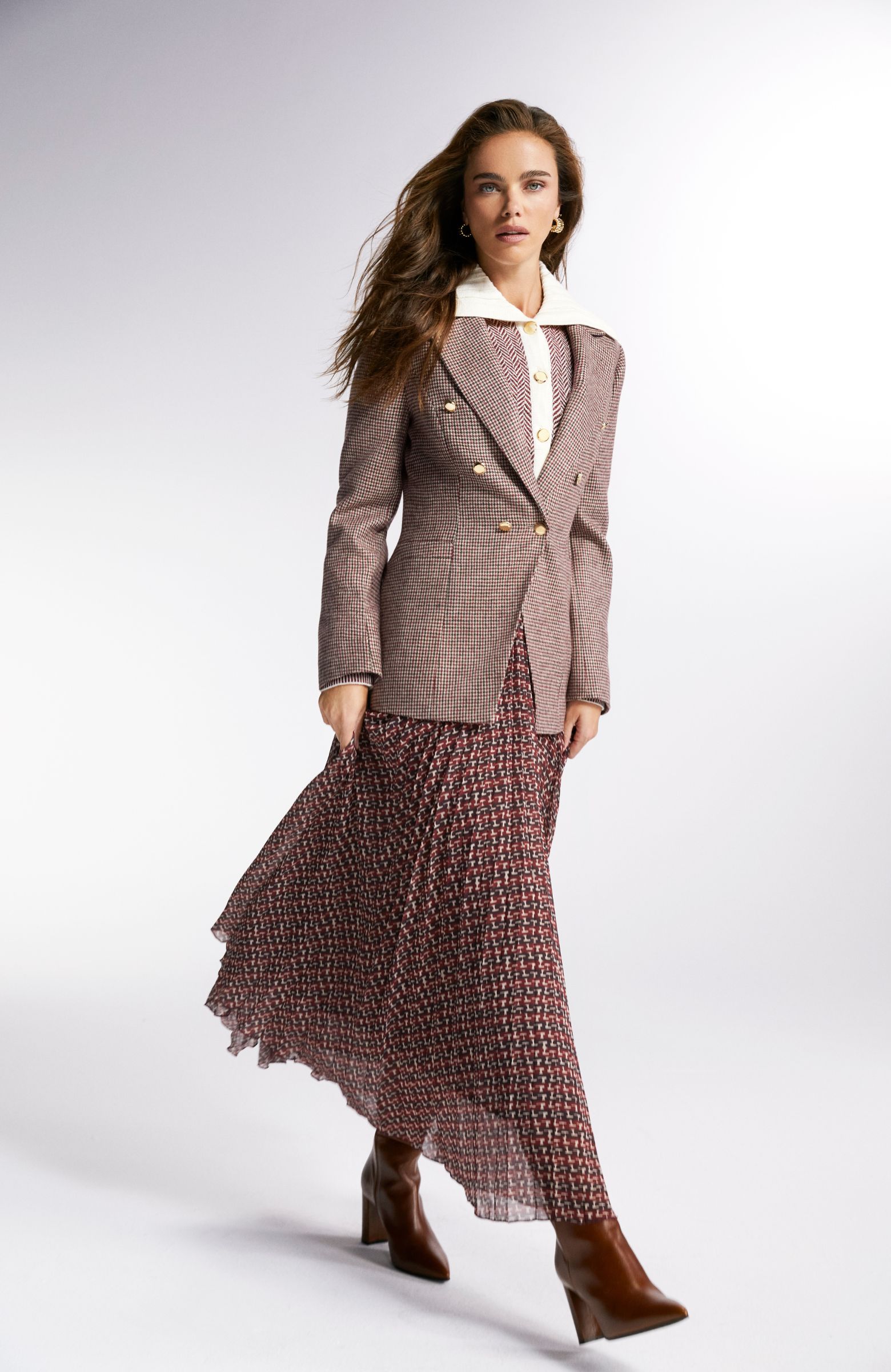 Bordo Piliseli Desenli Maxi Etek