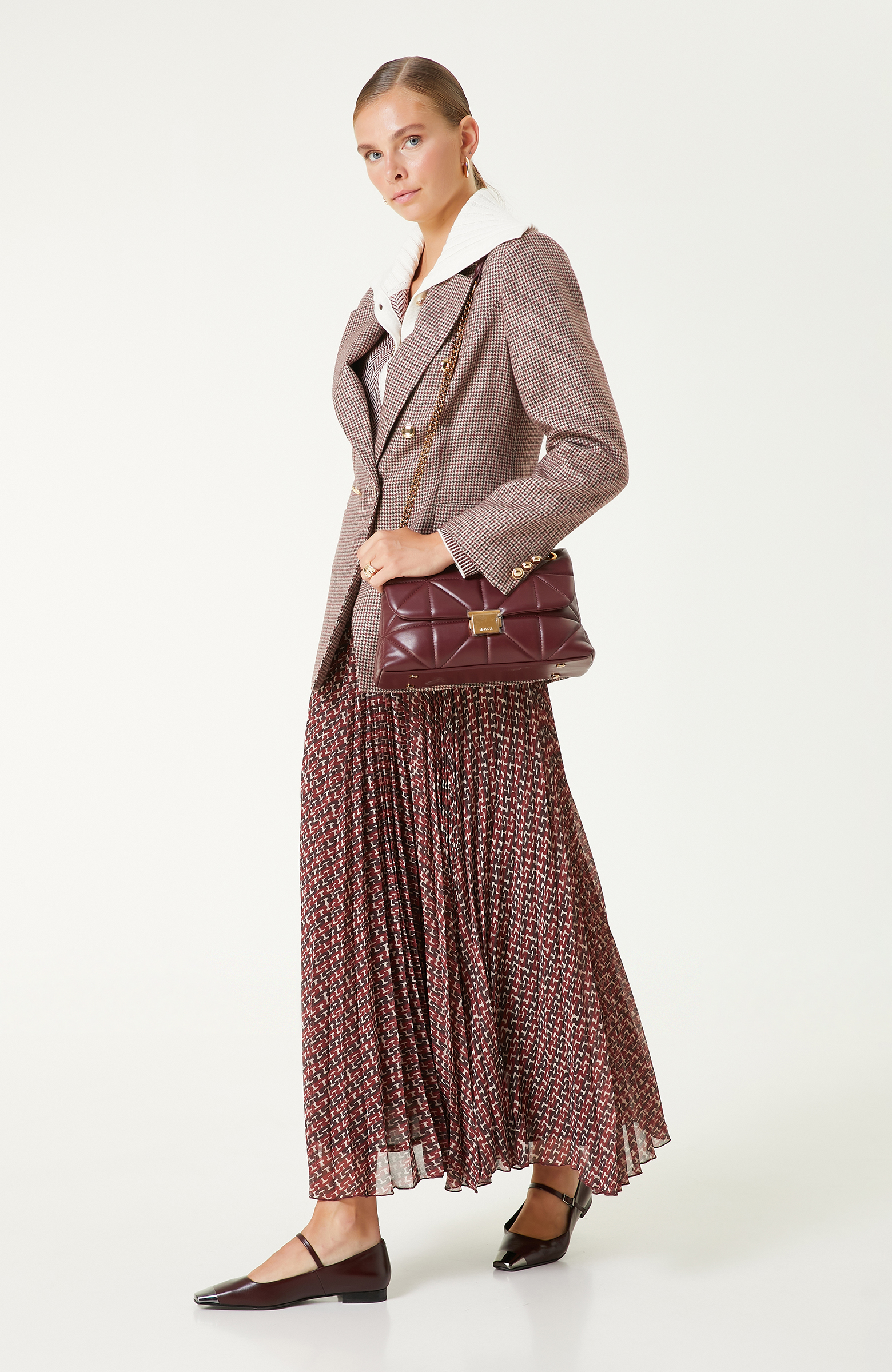 Bordo Piliseli Desenli Maxi Etek