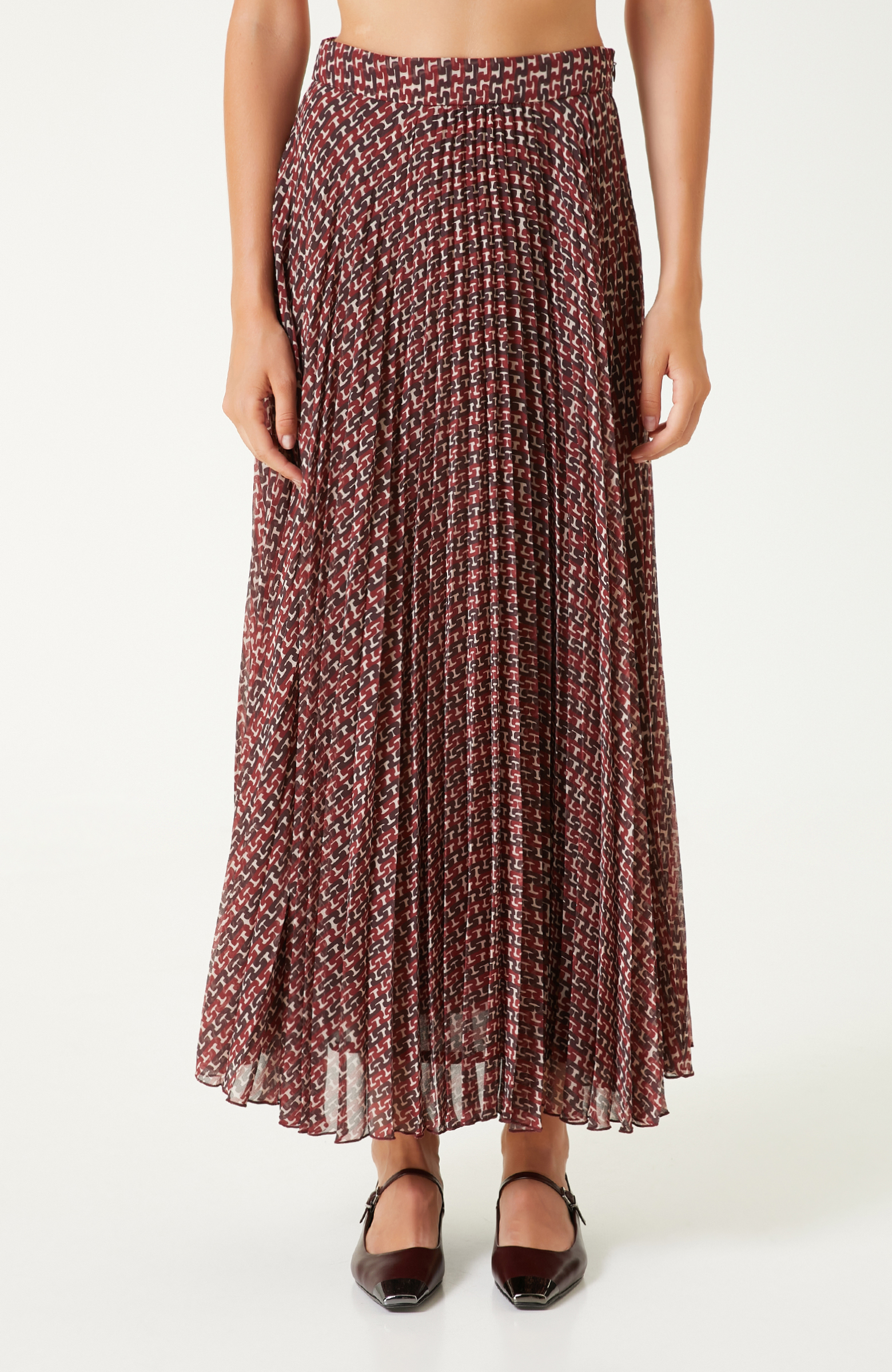 Bordo Piliseli Desenli Maxi Etek