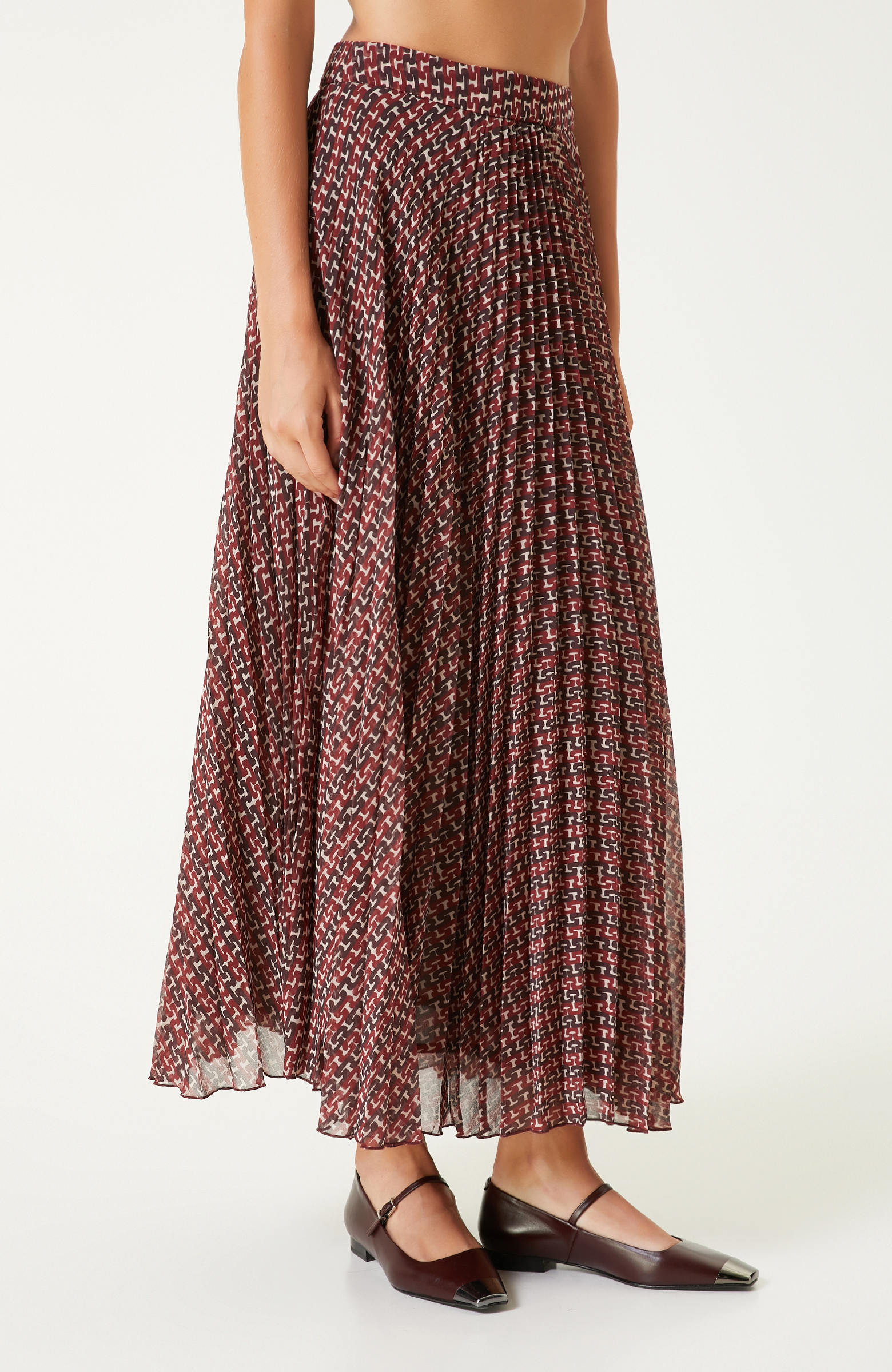 Bordo Piliseli Desenli Maxi Etek