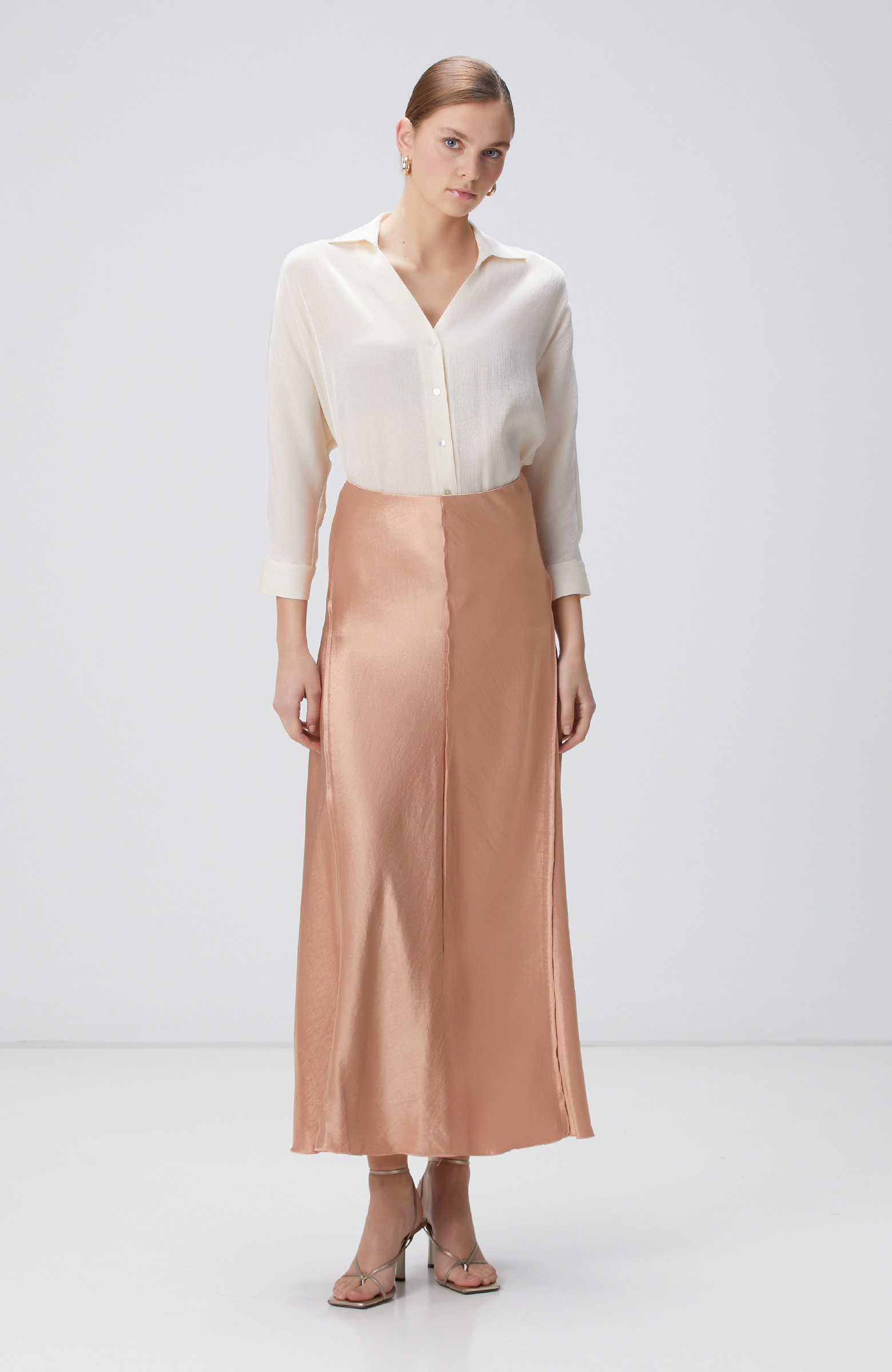 Kayısı Limited Dikiş Detaylı Maxi Saten Etek