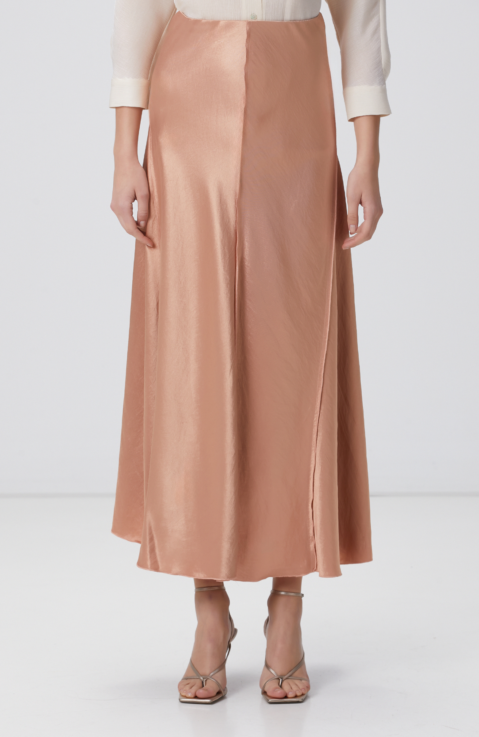 Kayısı Limited Dikiş Detaylı Maxi Saten Etek