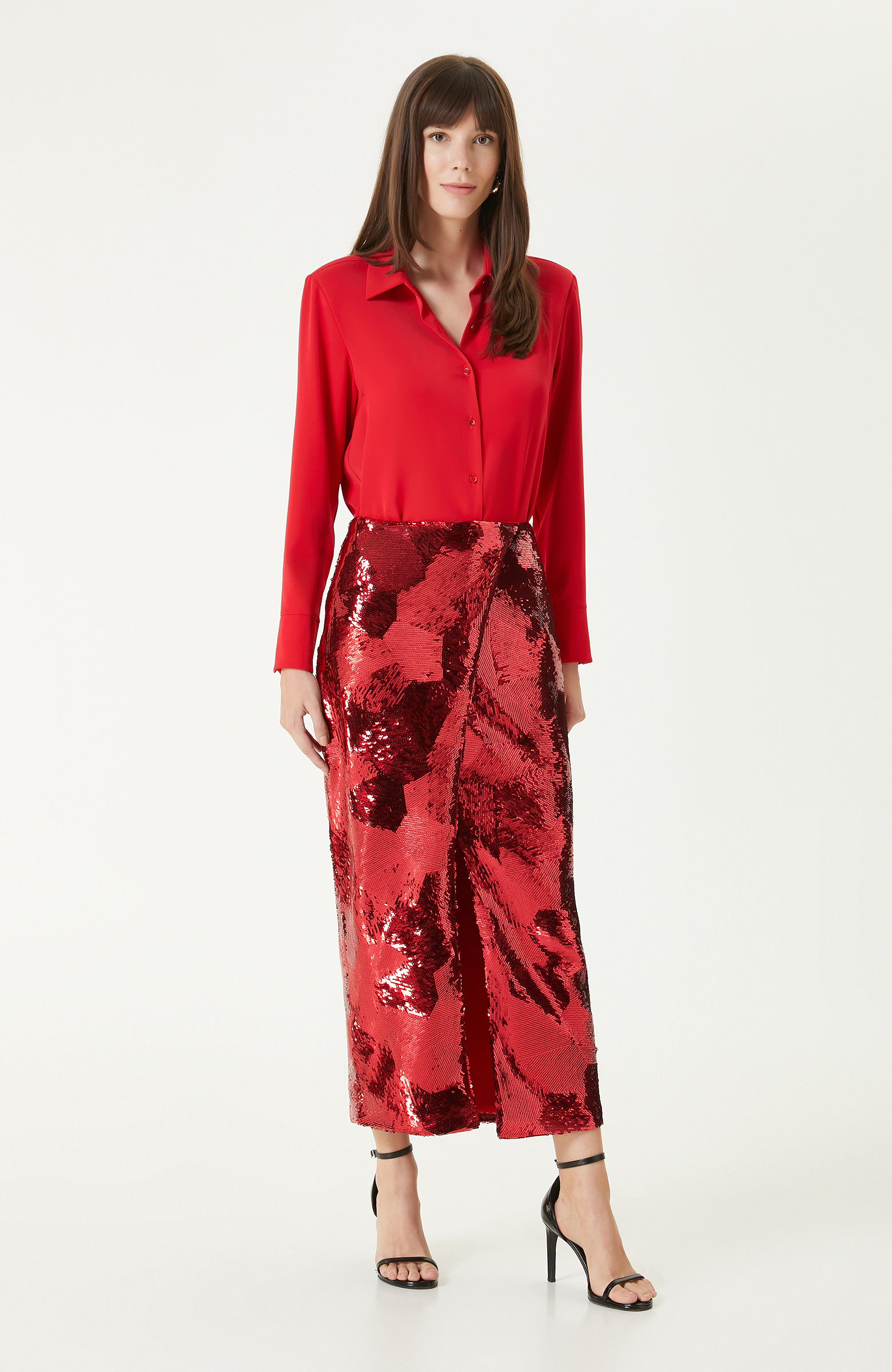 Kırmızı Payetli Midi Etek