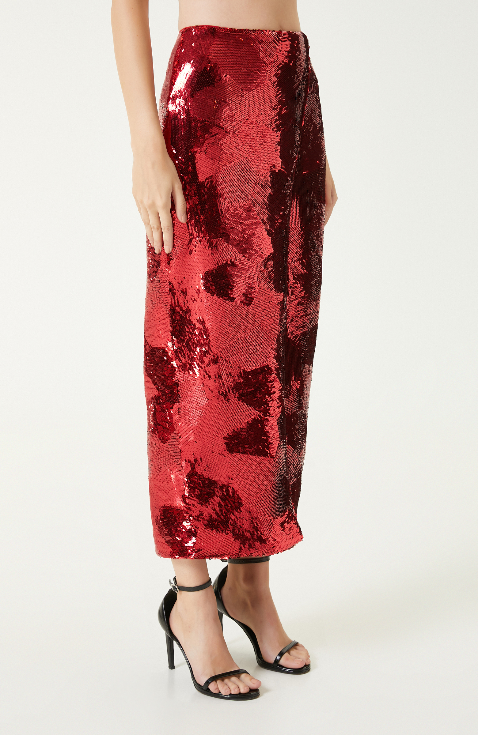 Kırmızı Payetli Midi Etek