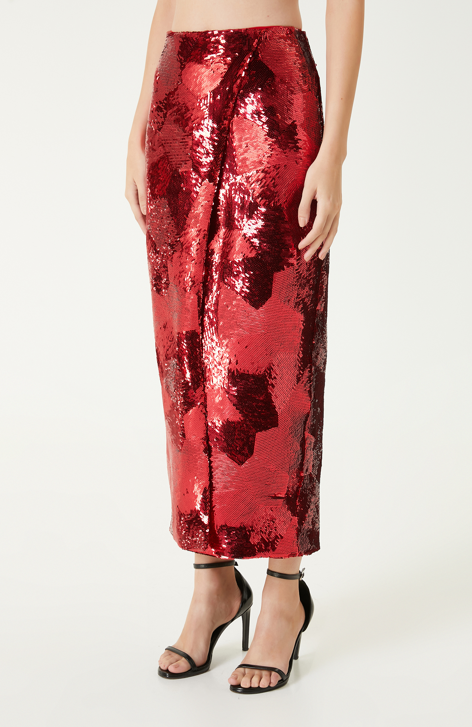 Kırmızı Payetli Midi Etek