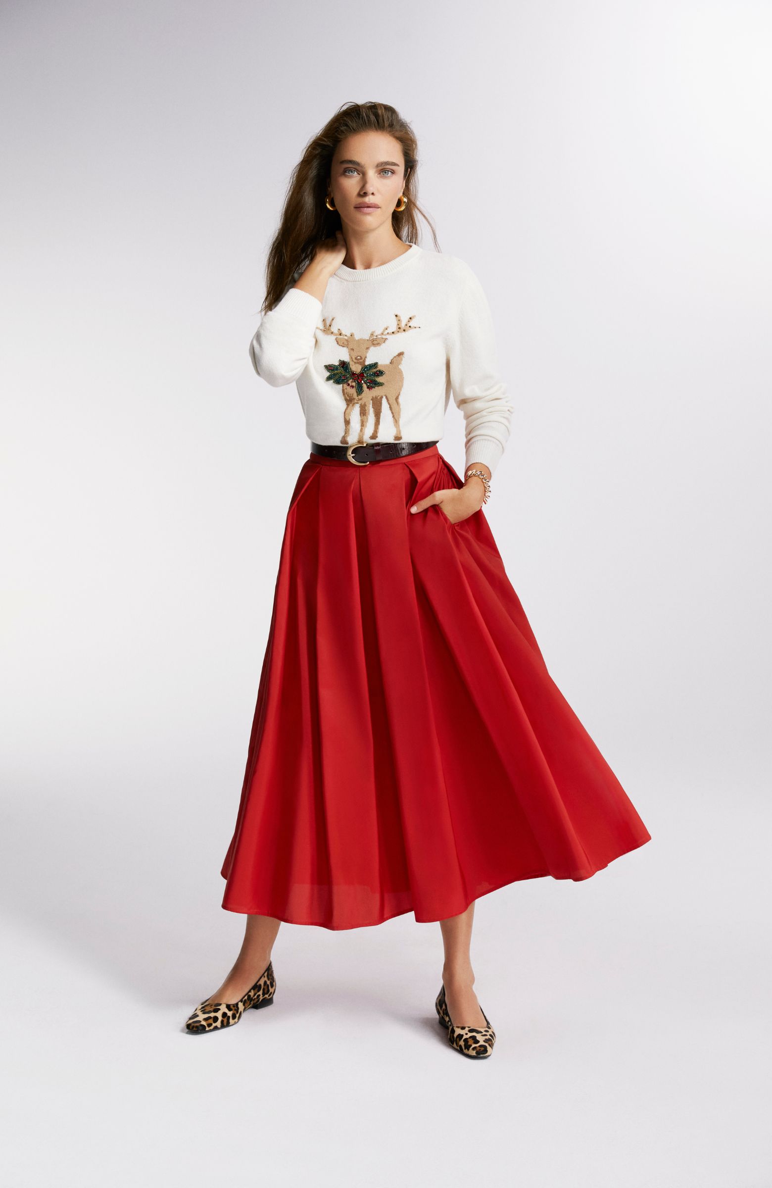 Kırmızı Pileli Saten Midi Etek